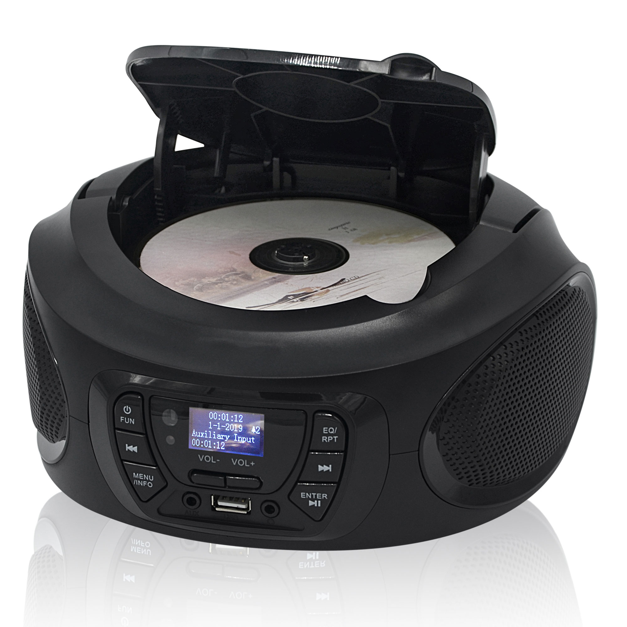 Sistema estéreo negro con bandeja de CD abierta, pantalla y botones.