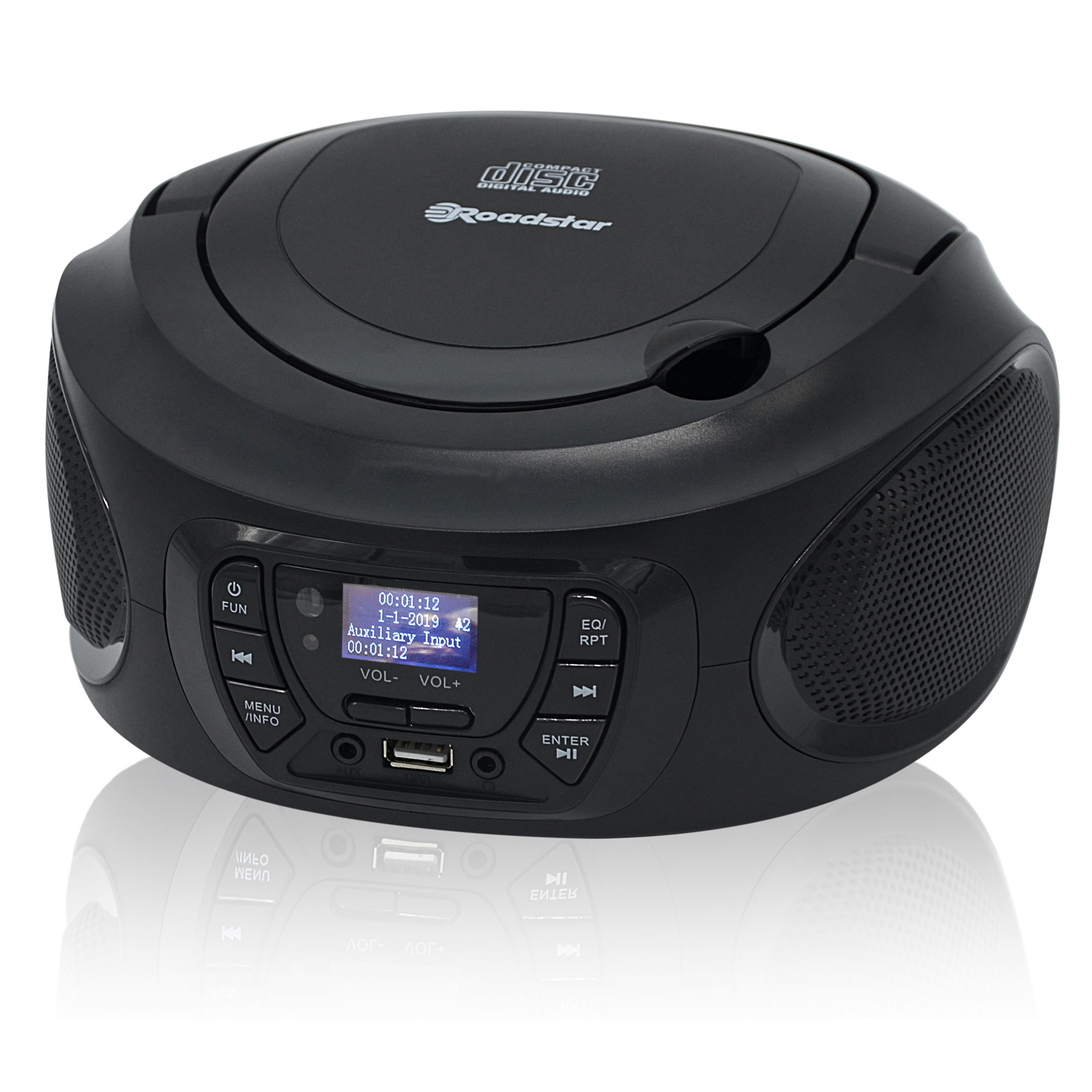 Reproductor de CD Roadstar negro con altavoces, pantalla y botones, sobre una superficie blanca.