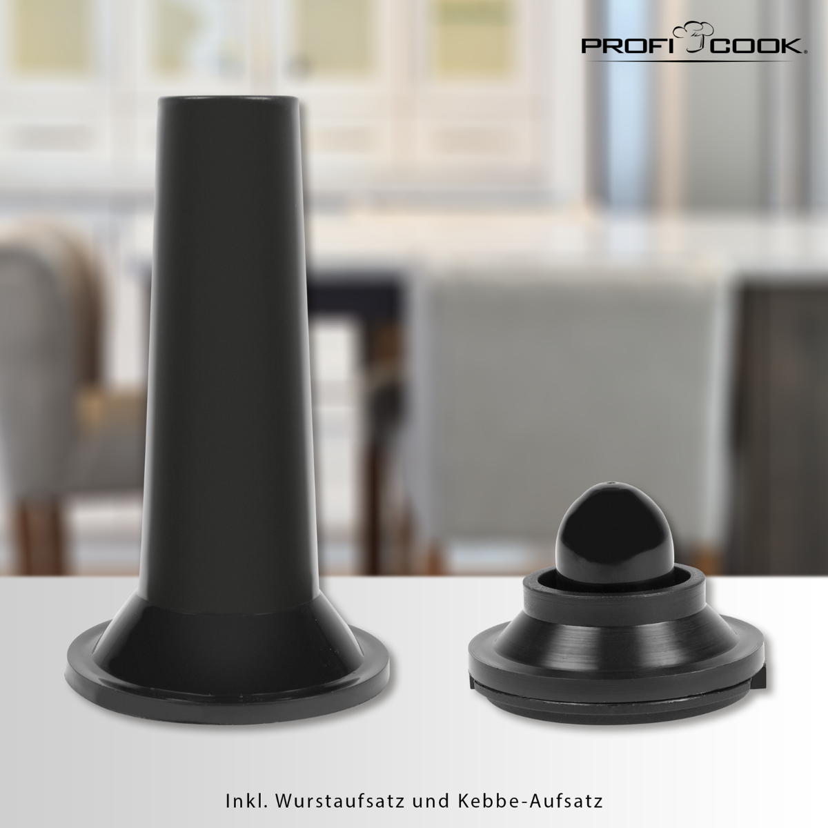 Dwa czarne plastikowe nakładki do nadziewania kiełbas na białej powierzchni.