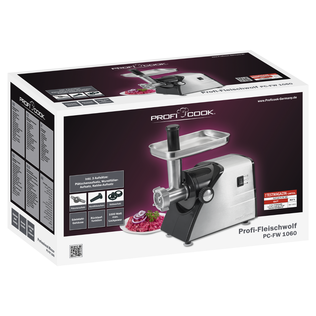 Pakowana maszynka do mięsa z akcesoriami, srebrno-czarny design.