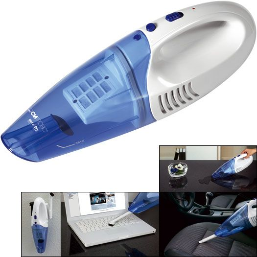 Niebiesko-biały odkurzacz ręczny z kilkoma zdjęciami pokazującymi jego użycie.