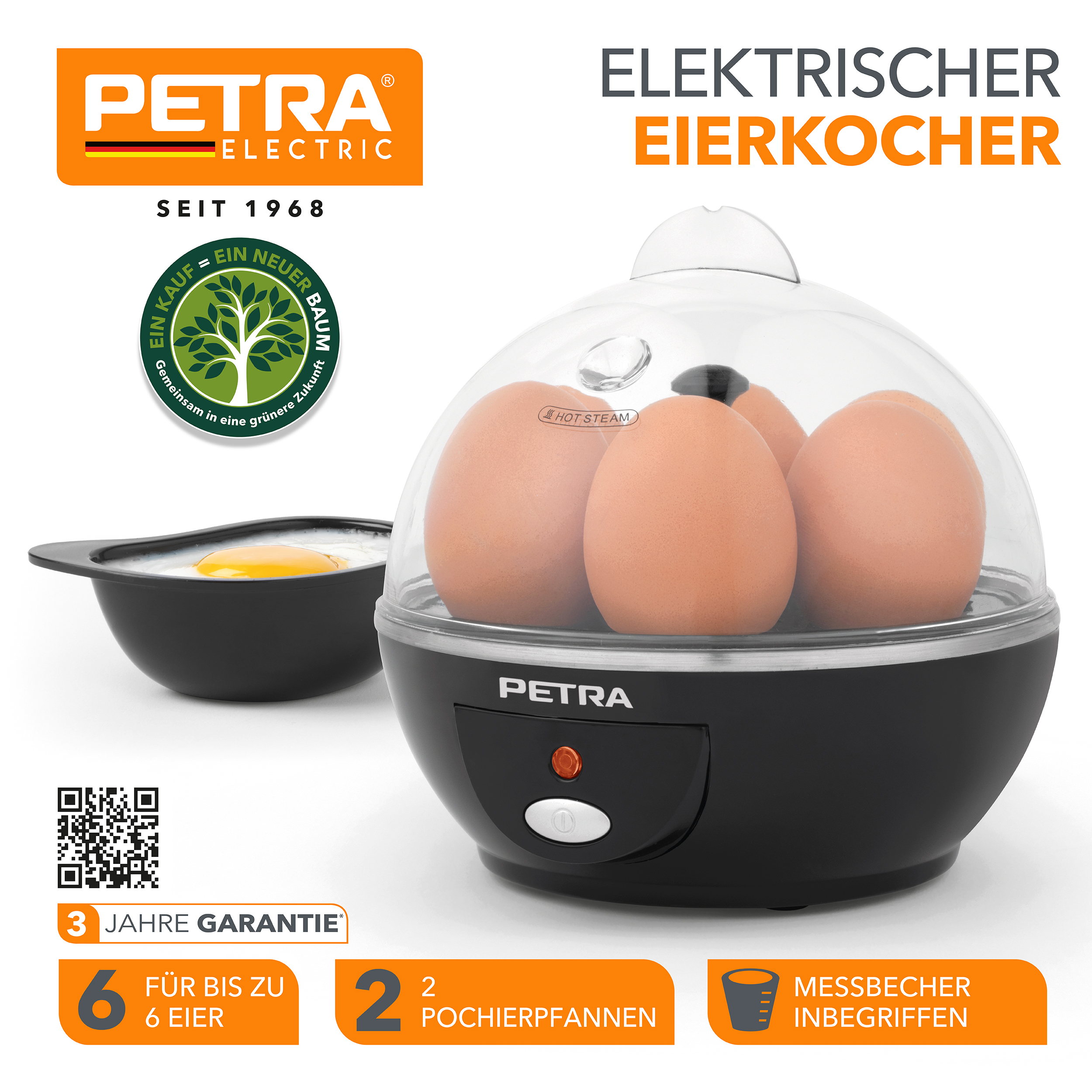 PETRA Elektrischer Pochieren, Eierkocher(Anzahl Eier: 6) für Omelett - Spülmaschinenfest 6 Eier Rührei, Eierkocher - Kochen