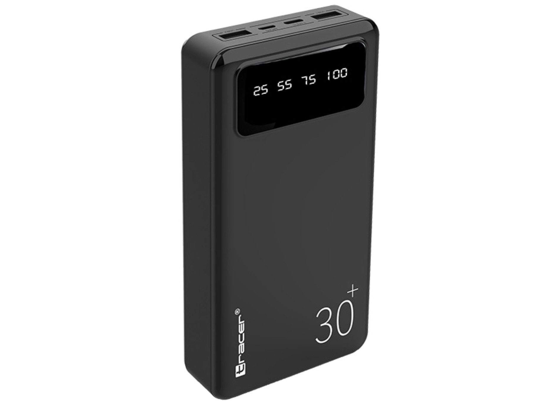 Eine schwarze Powerbank mit Anzeige des Ladestands, isoliert auf Weiß.