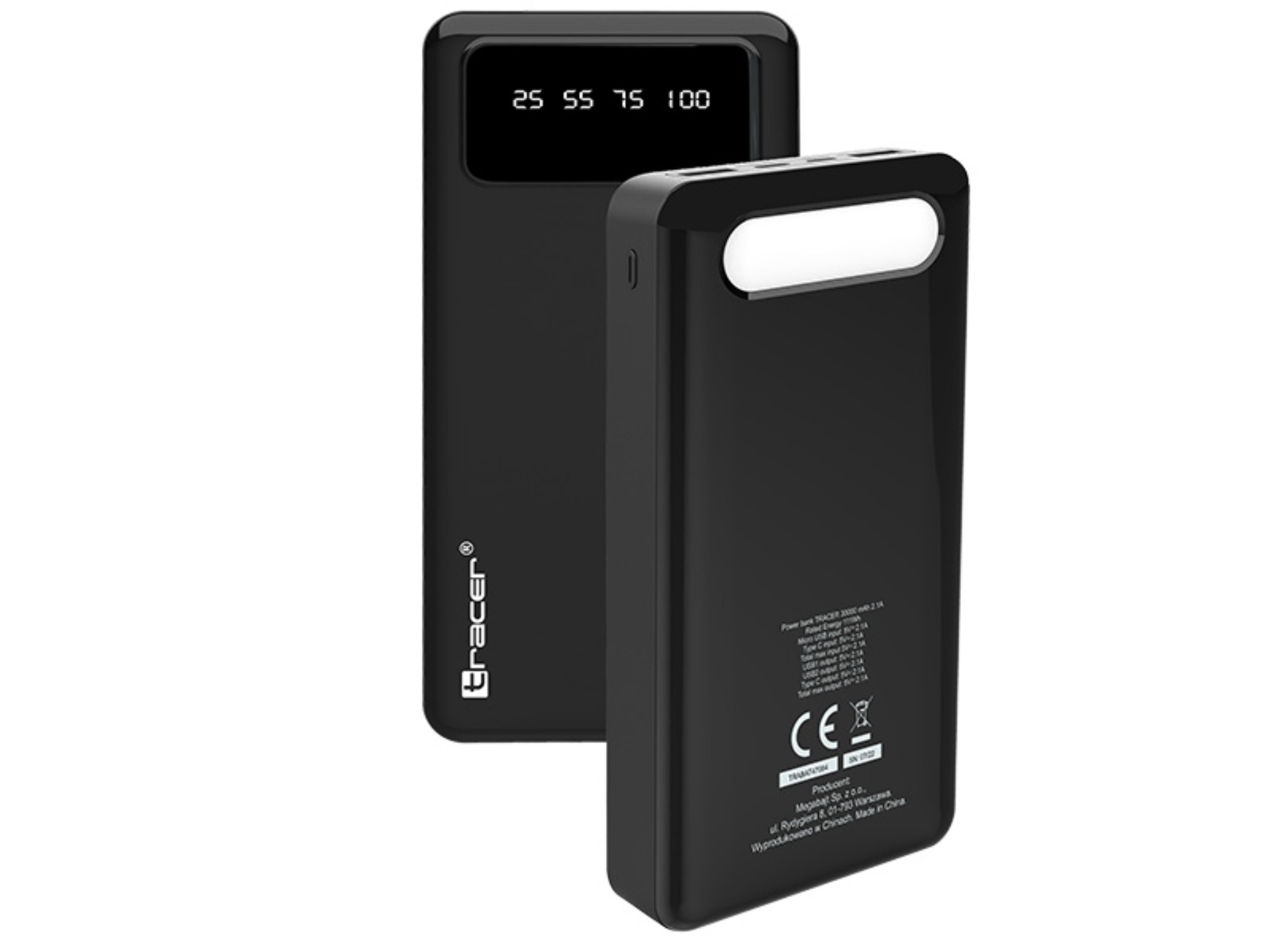 Schwarze Powerbank mit digitaler Anzeige, die den Akkustand anzeigt. Zwei Powerbanks werden gezeigt.