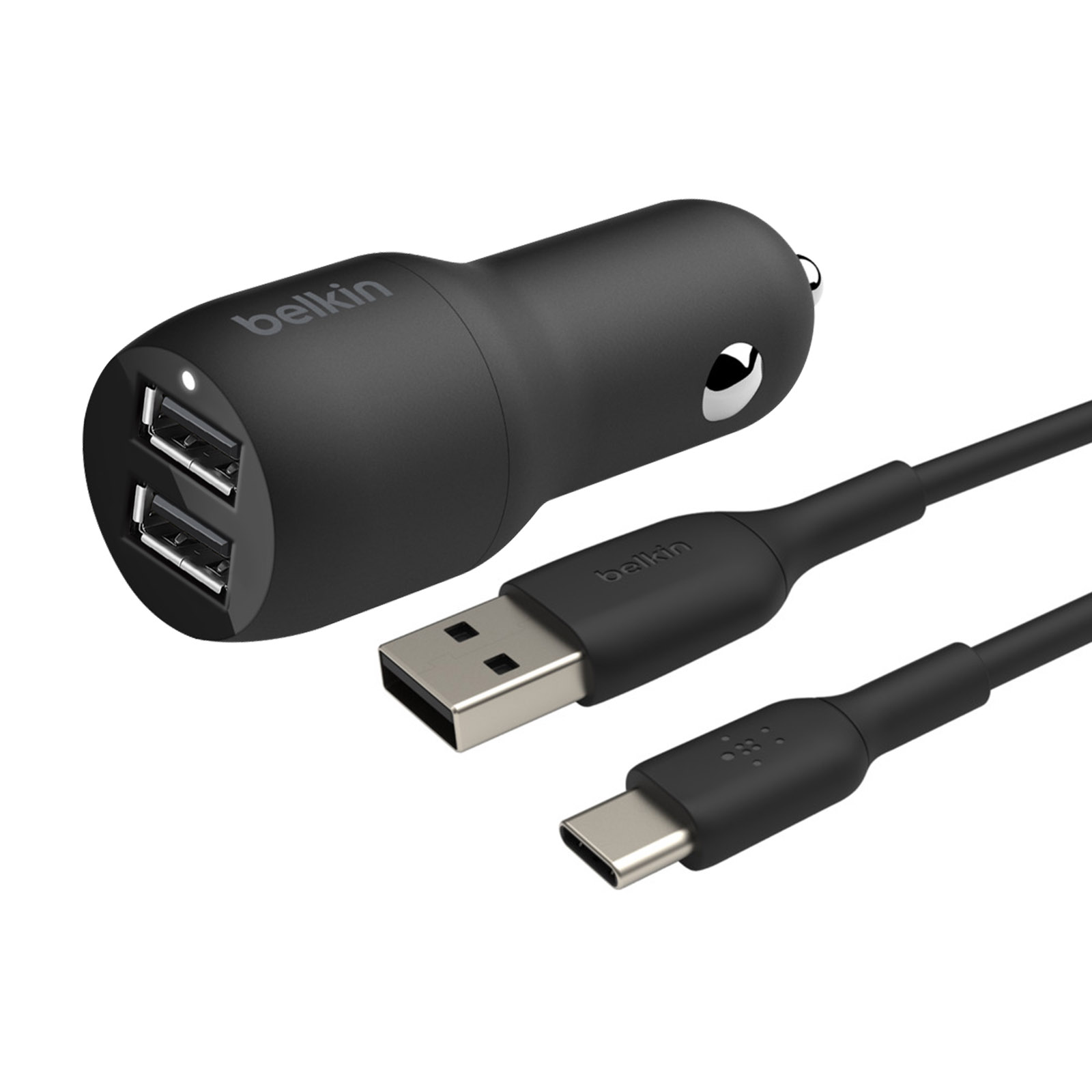 USB-C Kabel + USB Autoladegerät BELKIN Universal, KFZ-Ladegeräte Schwarz 2x