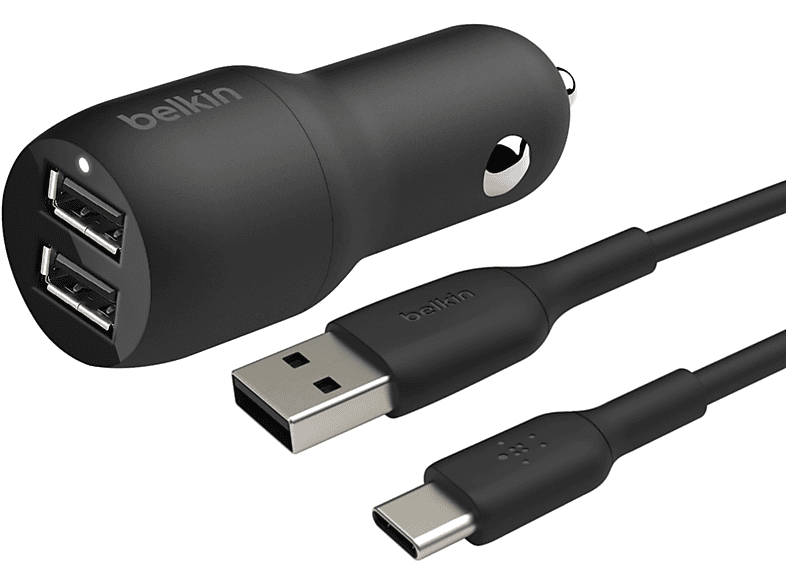 BELKIN Autoladegerät 2x USB + USB-C Kabel KFZ-Ladegeräte Universal, Schwarz