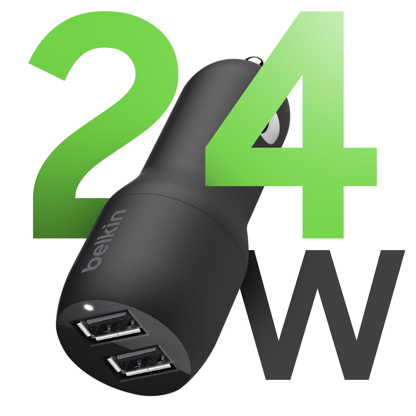 Cargador de coche negro con dos puertos USB, con texto verde '24W'.