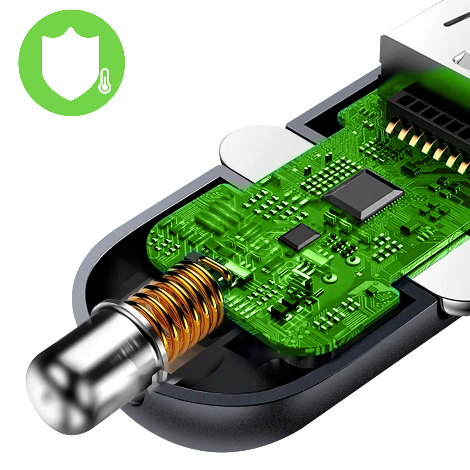 Primer plano de una placa de circuito con un conector USB, que muestra los intrincados detalles del circuito.