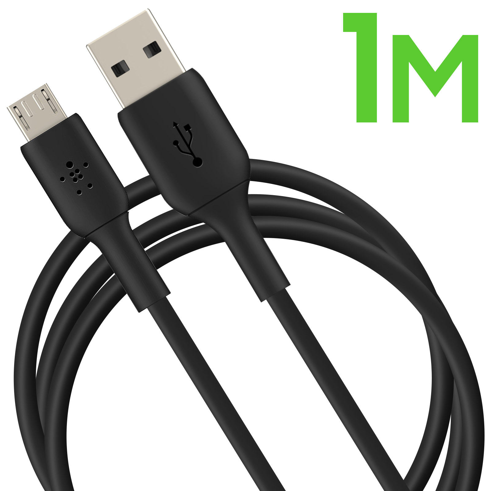 Cable USB a micro USB negro con texto 1M verde.
