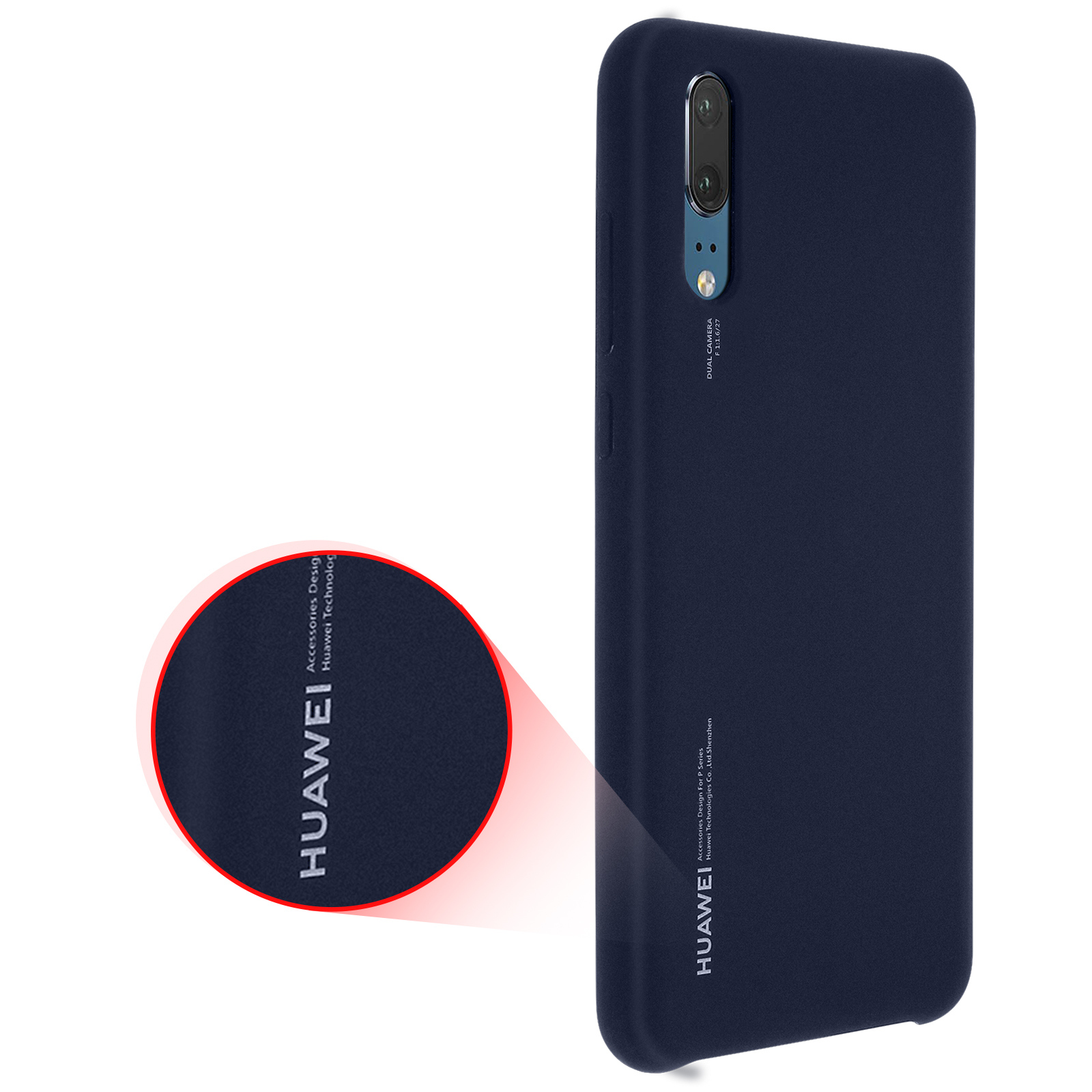 Custodia per telefono blu scuro con ritaglio per fotocamera e logo Huawei in un cerchio.