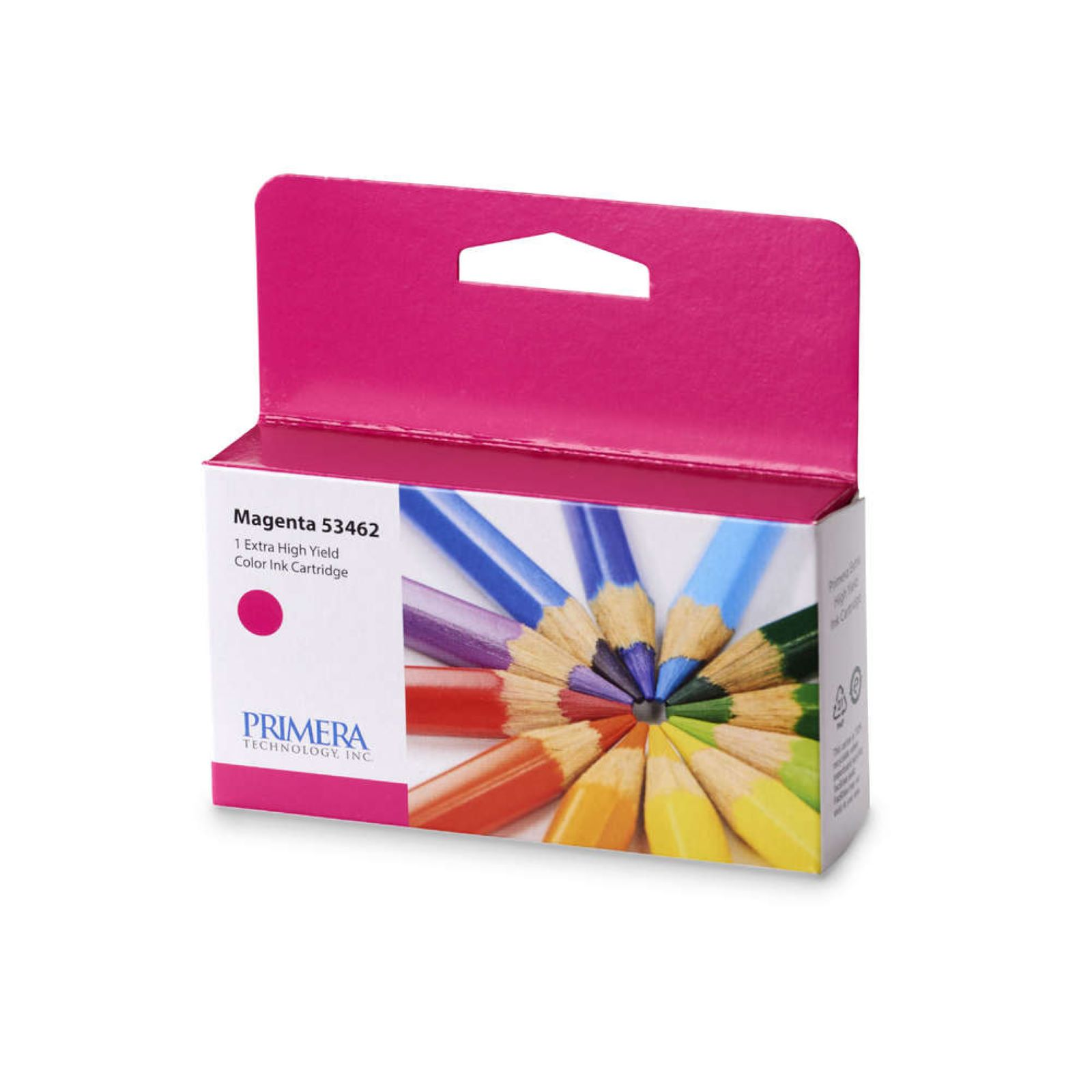 Scatola di cartucce d'inchiostro color magenta per una stampante, con un'esposizione di matite colorate.