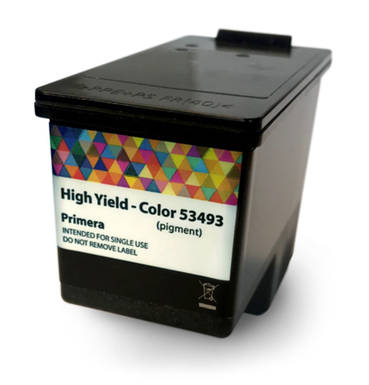 Una cartuccia d'inchiostro nera con un'etichetta colorata. L'etichetta dice 'High Yield - Color'.