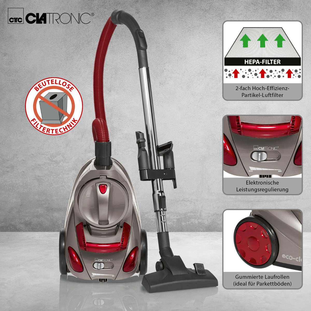 Srebrno-czerwony odkurzacz z tekstem i szczegółami na białym tle.