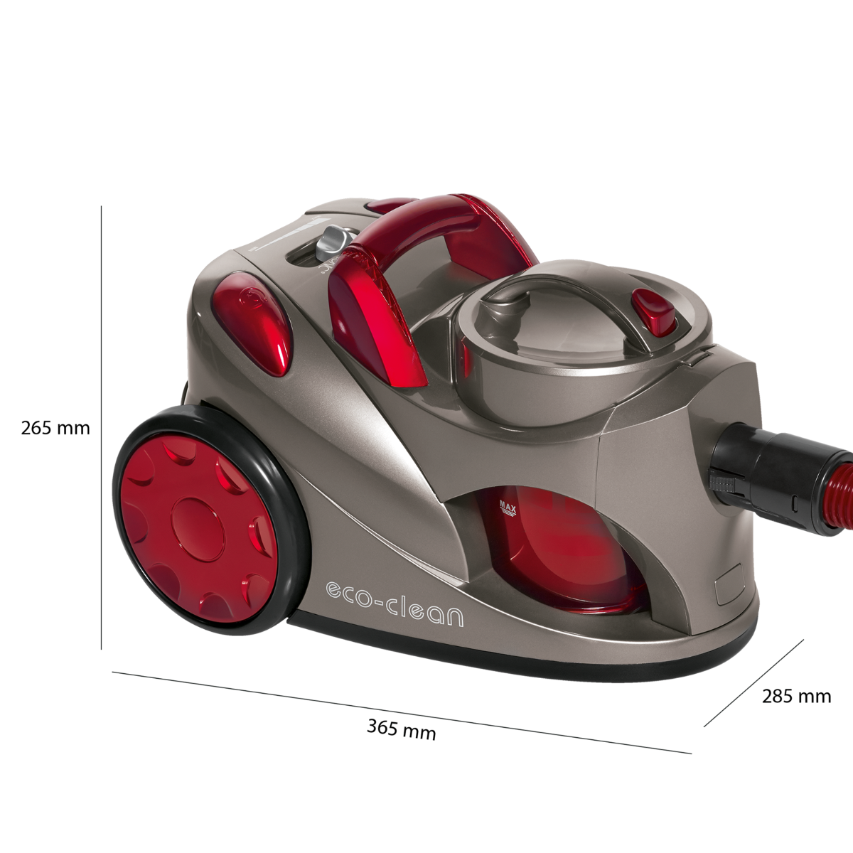 Szaro-czerwony odkurzacz z zaznaczonymi wymiarami. Czarne tło.