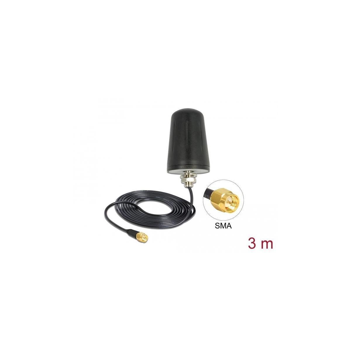 Schwarze externe Antenne mit Kabel und SMA-Anschluss. Die Antenne ist zylindrisch.