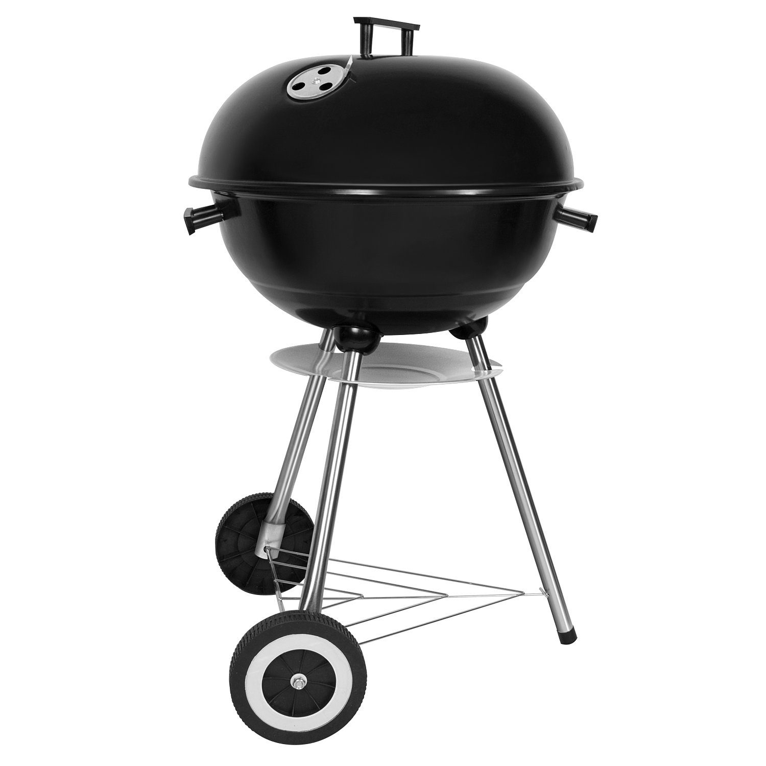Schwarzer Grill mit rundem Deckel, auf einem Ständer mit Rädern, weißer Hintergrund.