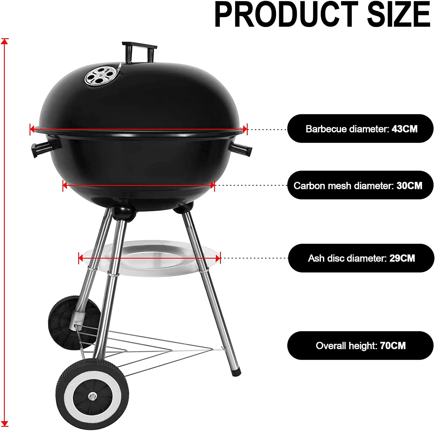 Schwarzer BBQ-Grill mit silbernen Beinen und zwei Rädern. Maße sind beschriftet.