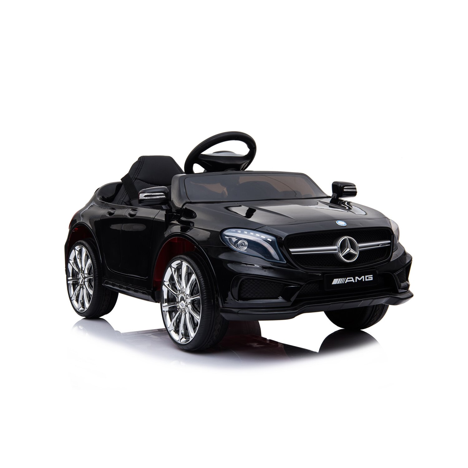 Schwarzes Spielzeugauto mit Mercedes-Logo auf weißem Hintergrund.
