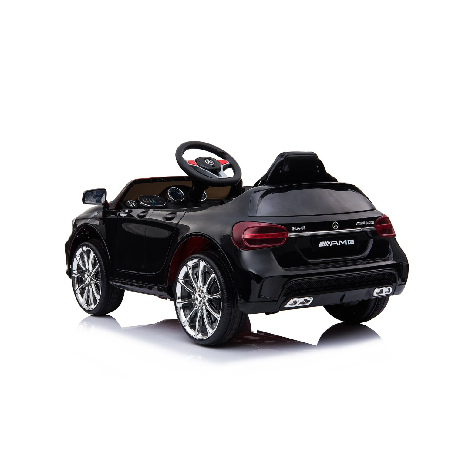Schwarzes Spielzeugauto, ähnlich einem Mercedes-Benz, mit Chromrädern und roter Innenausstattung.