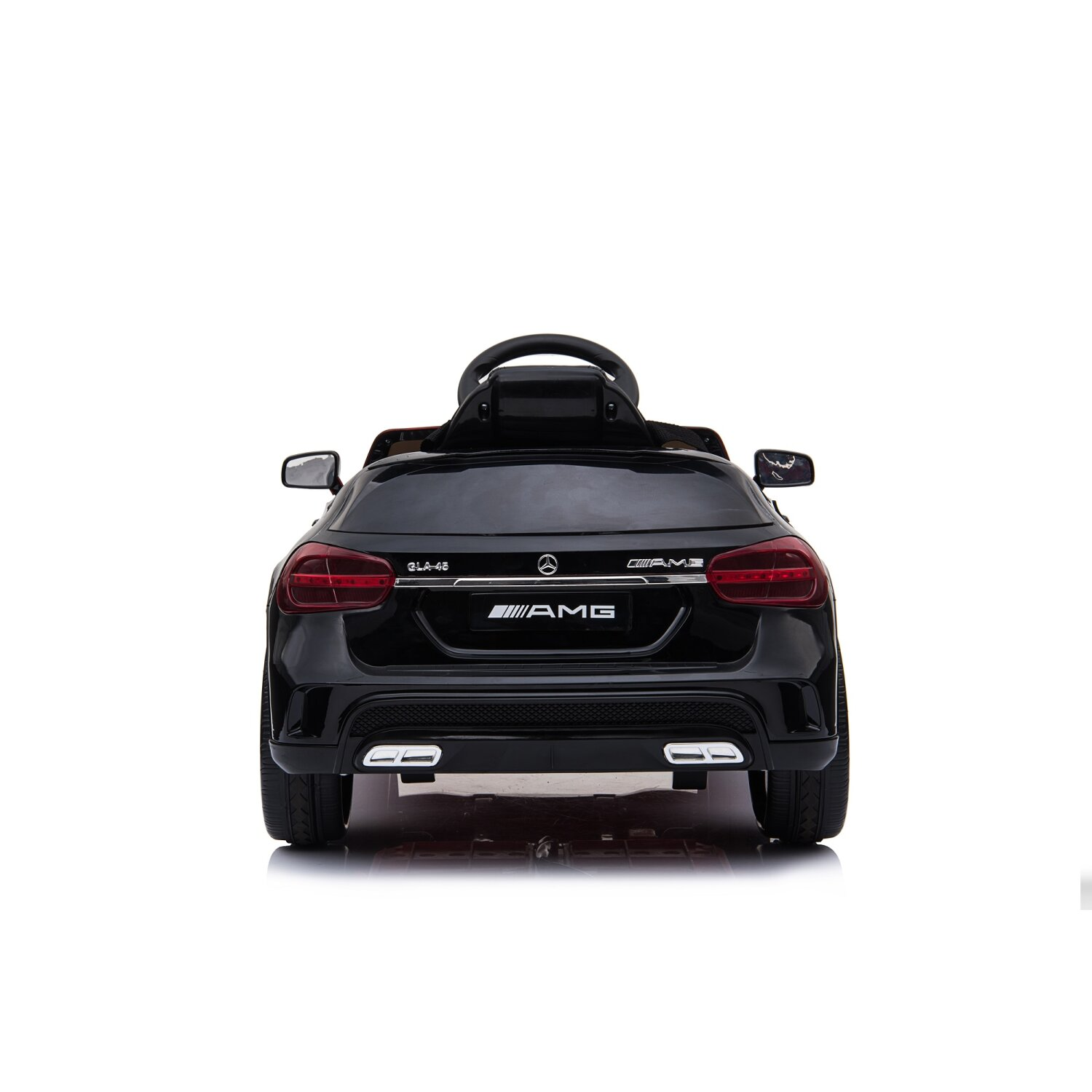 Schwarzes Spielzeugauto, Rückansicht, mit AMG-Logo, isoliert auf weißem Hintergrund.