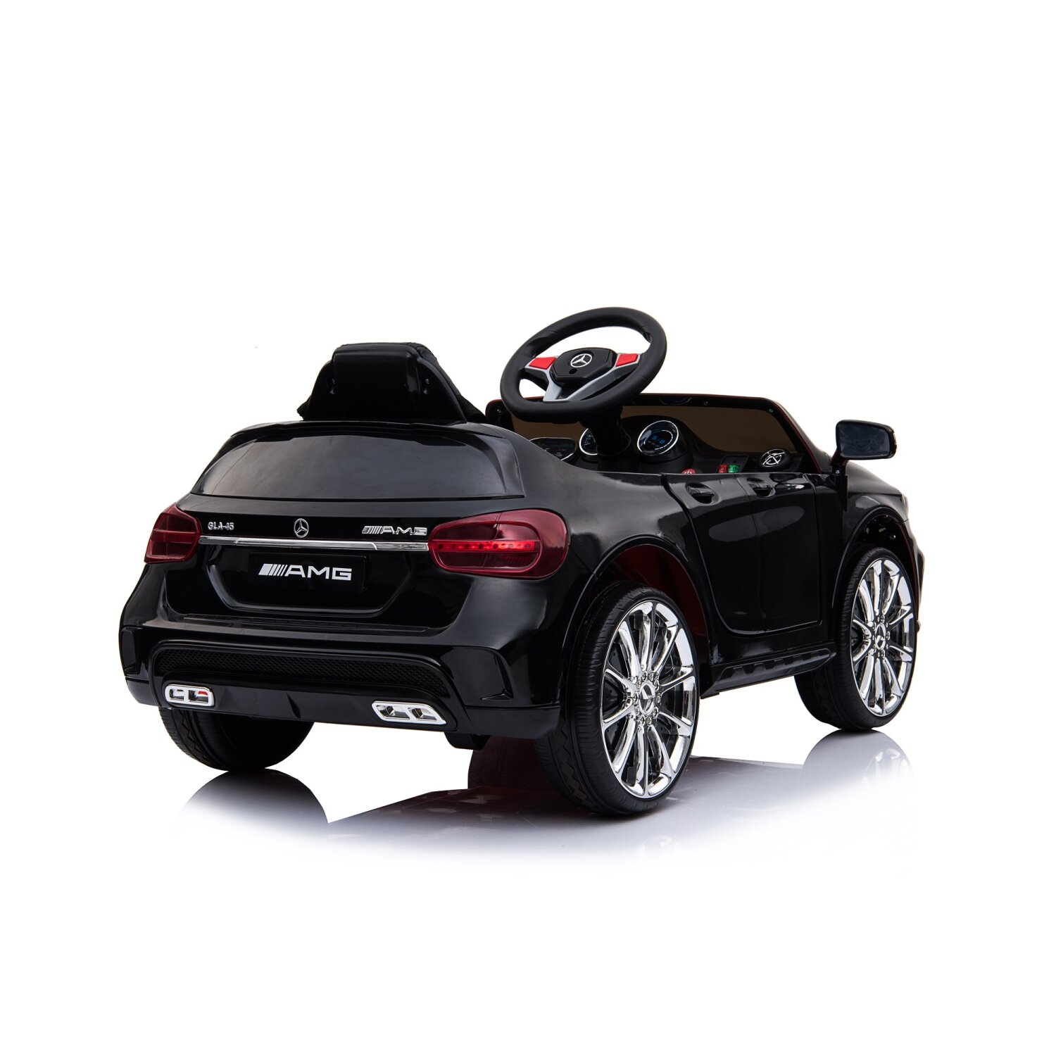 Schwarzes Spielzeugauto. Rückansicht. AMG-Logo. Chromräder. Rote Rücklichter. Weißer Hintergrund.