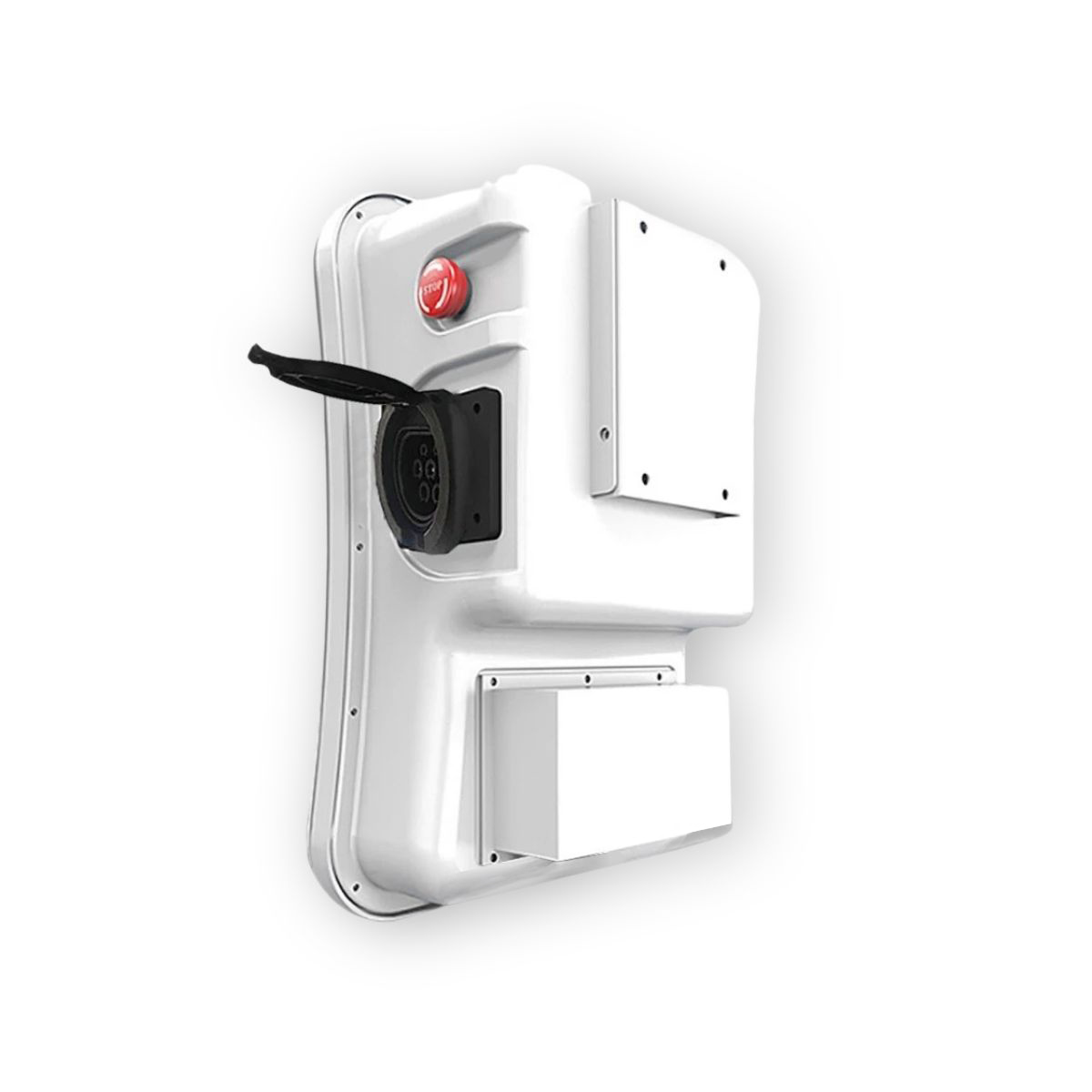 Weiße Ladestation für Elektrofahrzeuge. Schwarzer Stecker, roter Not-Aus-Knopf.