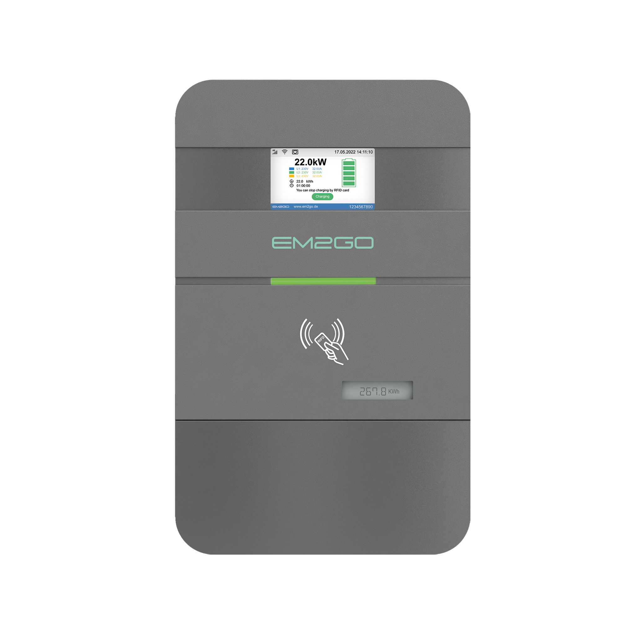 Eine graue EM2GO-Ladestation mit einem Bildschirm, der Ladeinformationen anzeigt. Sie hat ein Kartenleser-Symbol.