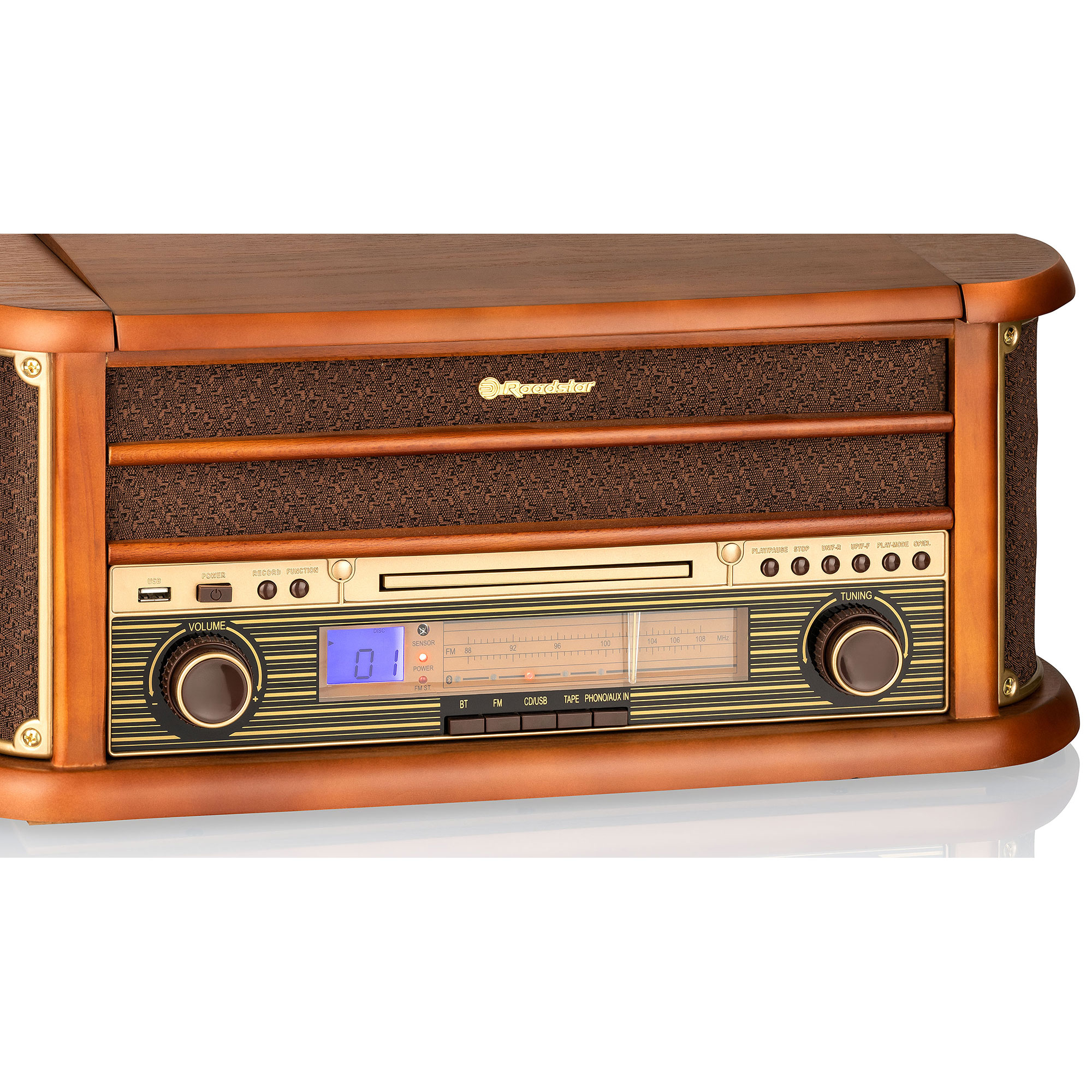 Ein hölzernes Vintage-Stereo. Die Vorderseite hat ein Display, Knöpfe und Lautsprecher.