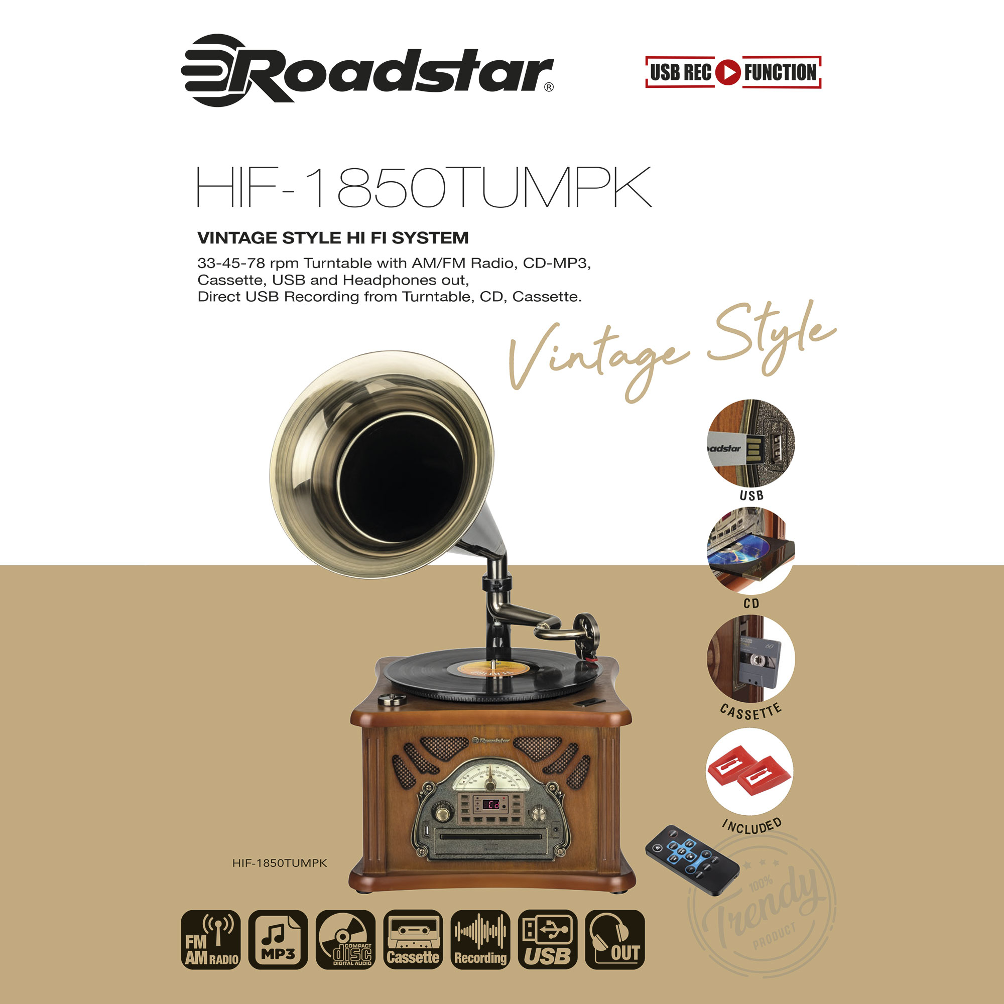 Sistema Hi-Fi de estilo vintage con tocadiscos, radio, CD, casete y funciones USB. Acabado de madera.