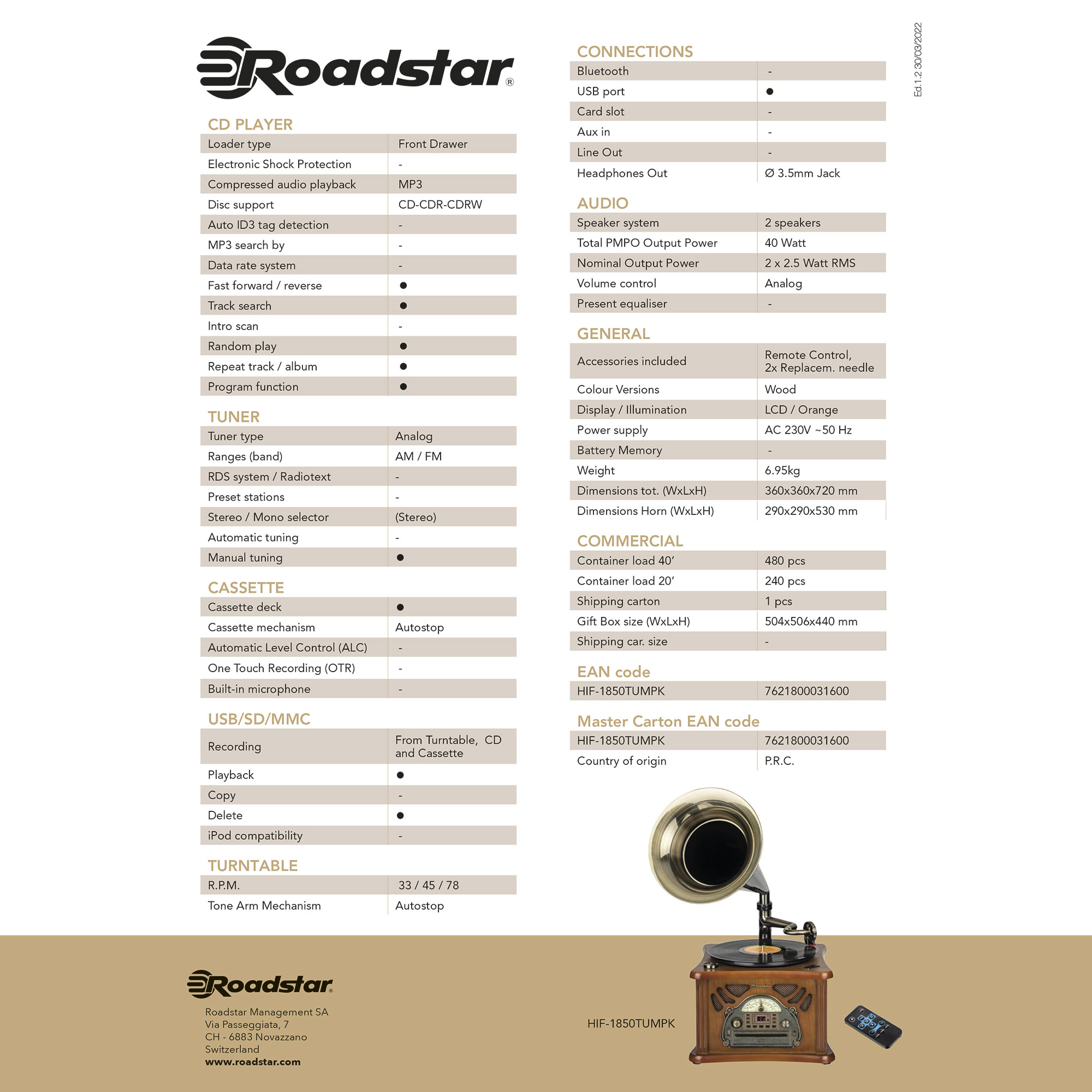 Una hoja de especificaciones del producto del reproductor de CD Roadstar, con esquema de color madera y naranja.