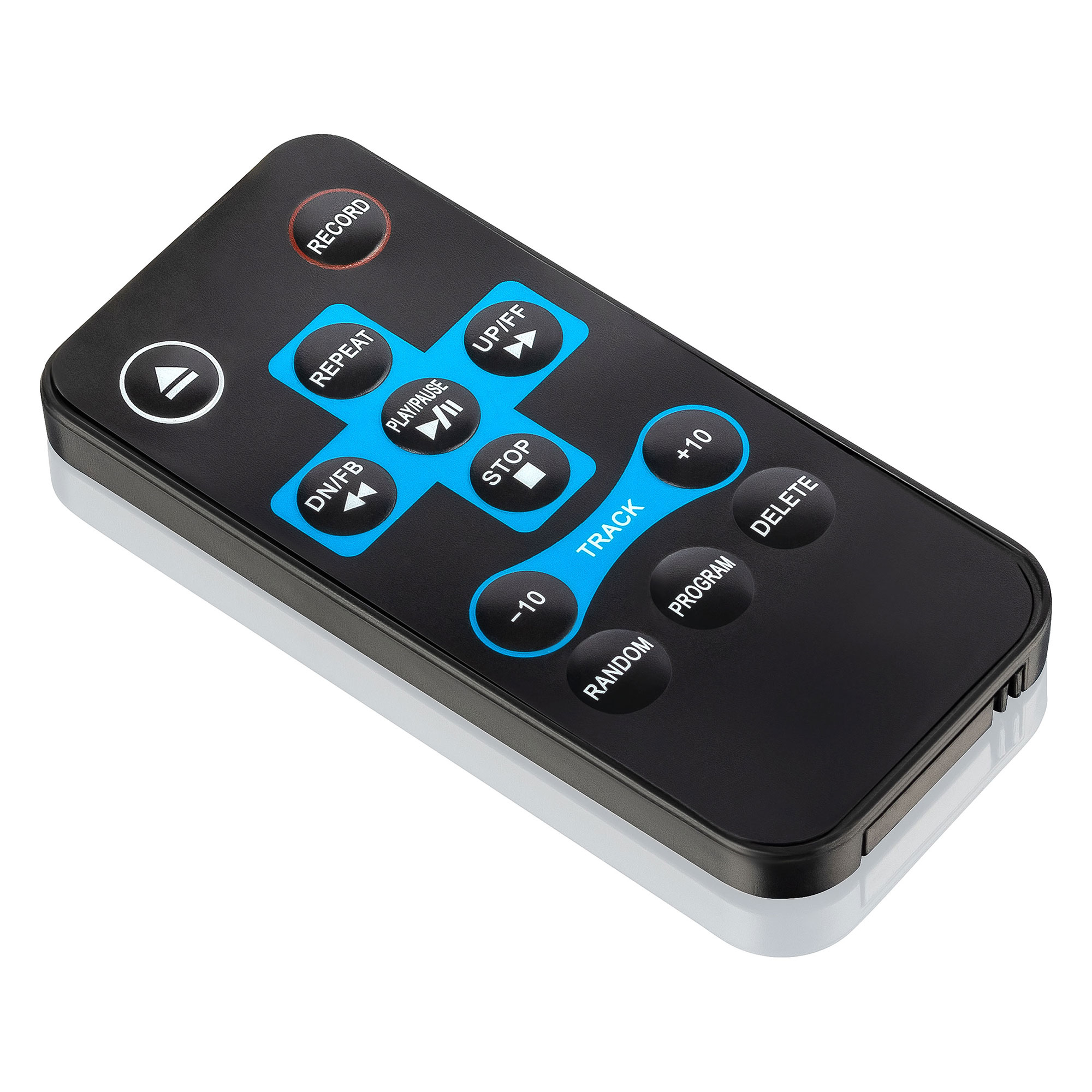 Mando a distancia negro con botones. Los botones son azules y blancos con etiquetas como "Track" y "Delete."