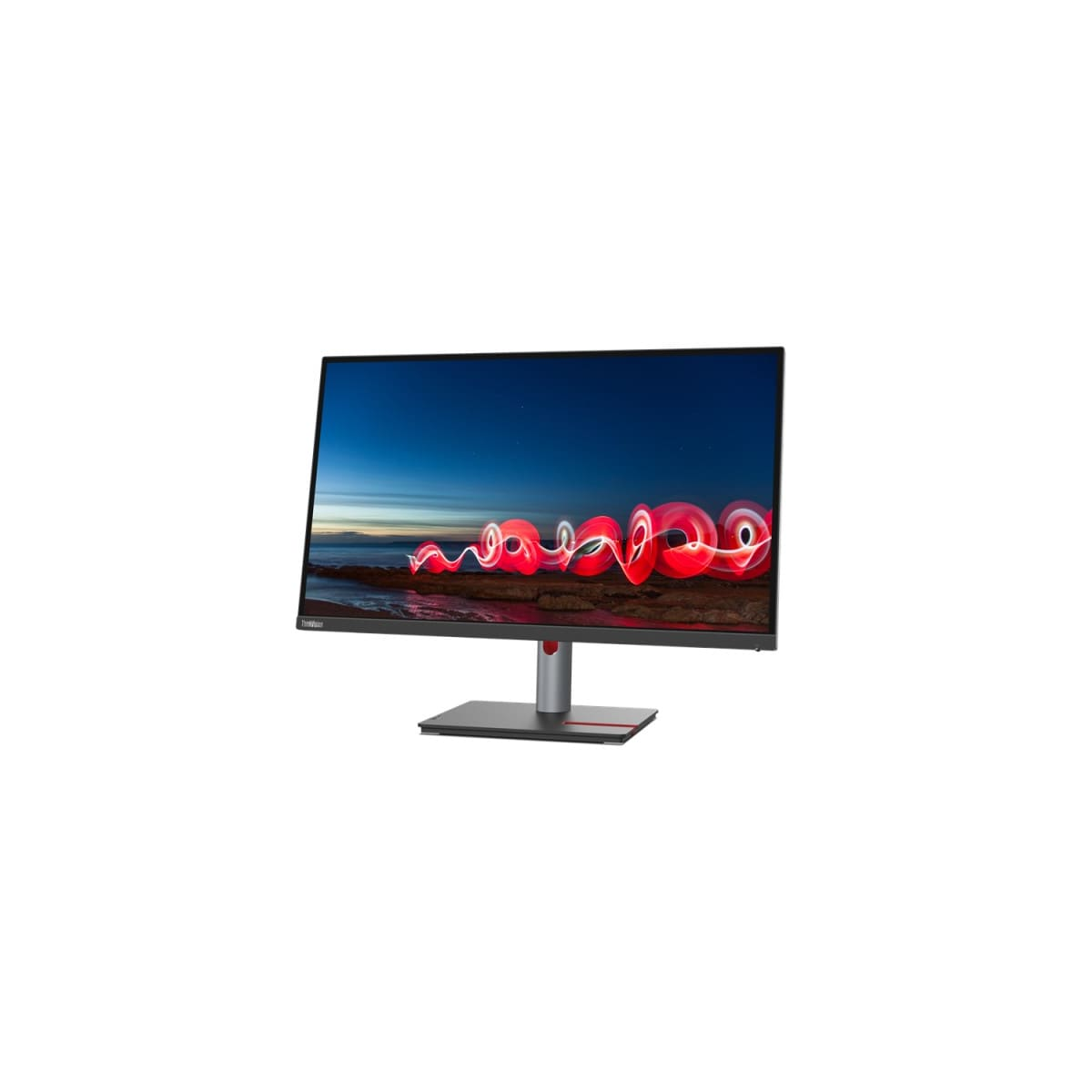 Een computermonitor met een zwart scherm en een rood en grijs statief.