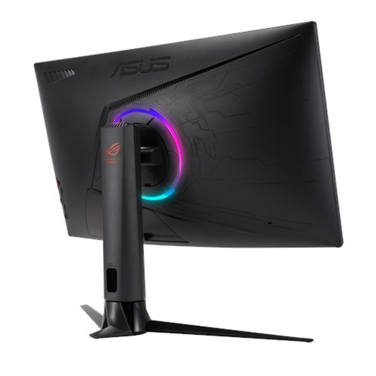 Tył czarnego monitora do gier ze stojakiem i podświetleniem RGB.