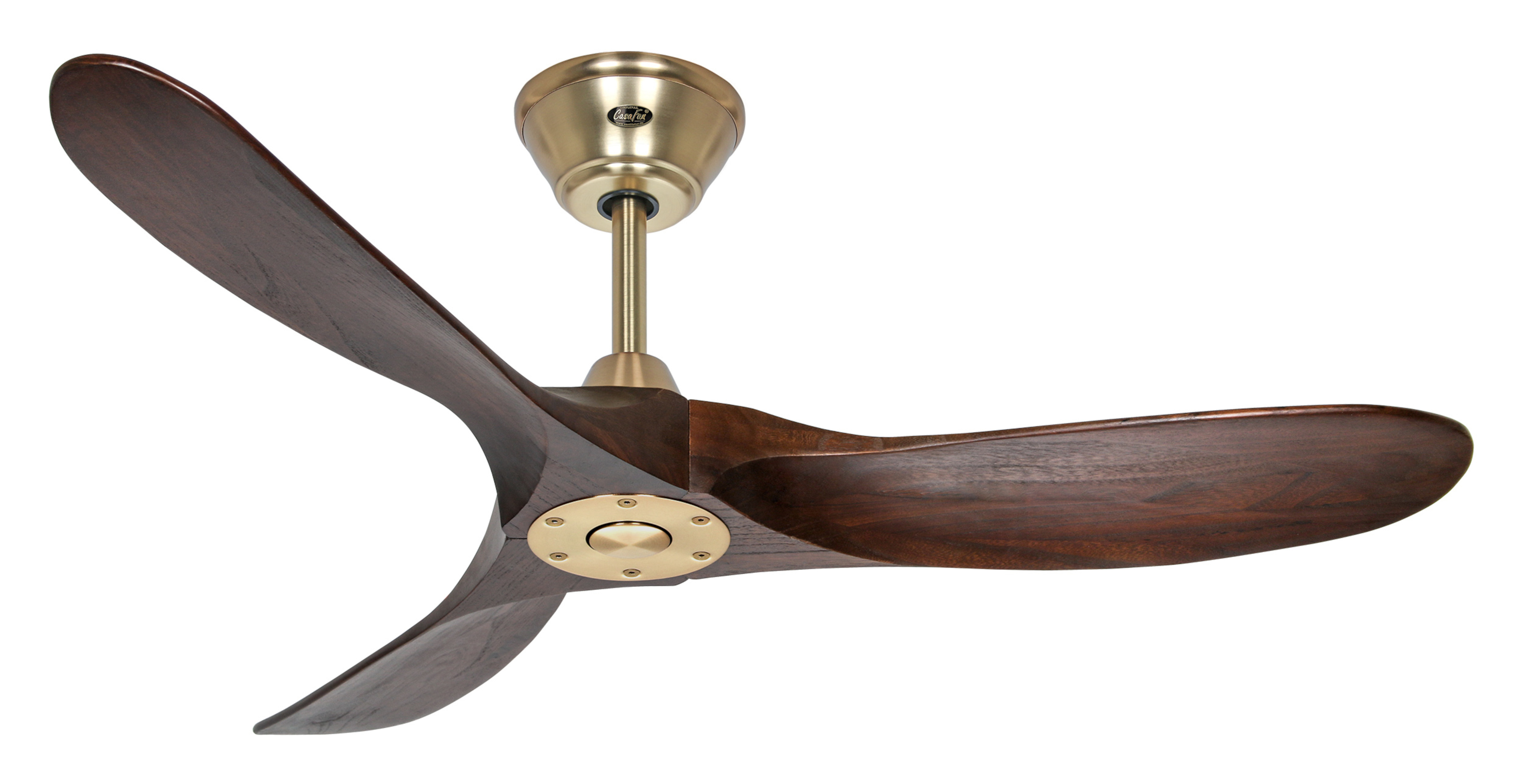 Un ventilatore da soffitto con tre pale in legno e un alloggiamento motore color oro, su sfondo bianco.