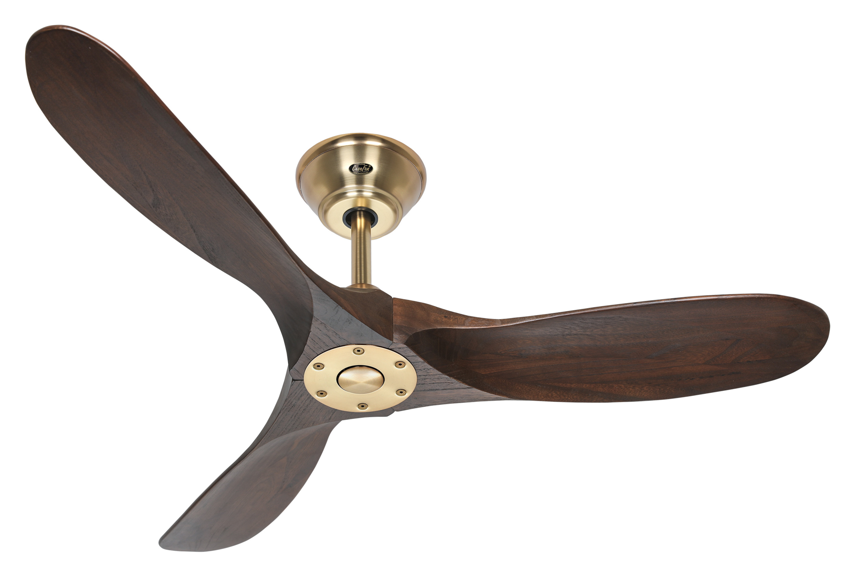 Un ventilatore da soffitto in legno scuro con tre pale e un alloggiamento motore color oro.