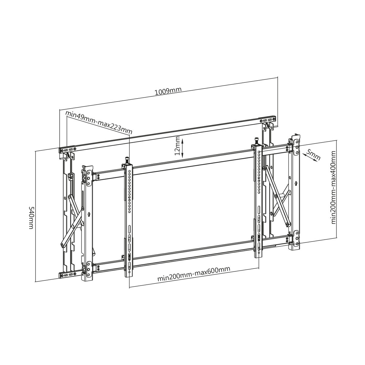 A diagram showing a TV mount with dimensions and measurements labeled.