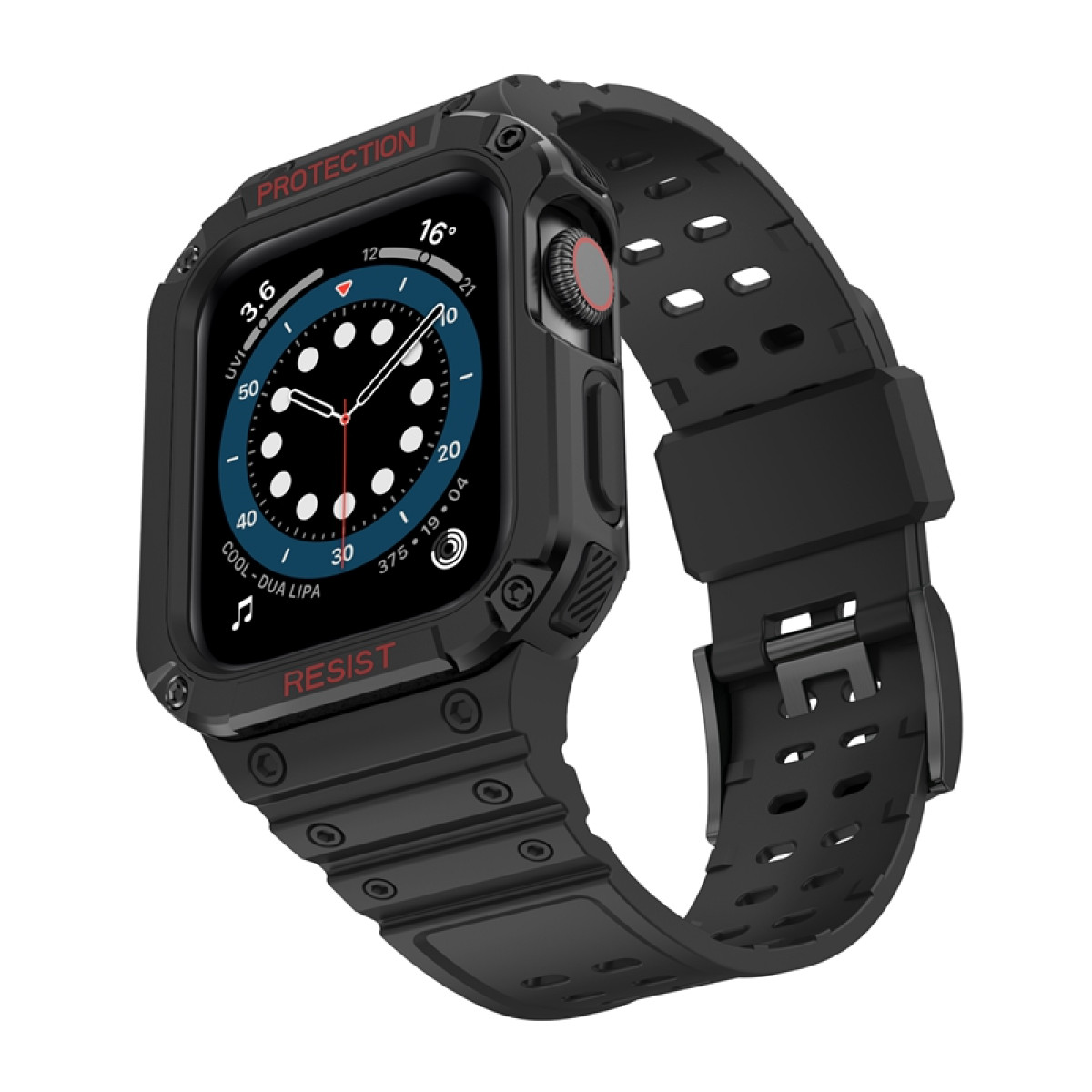 Schwarze Smartwatch mit Schutzhülle und schwarzem Armband, auf weißem Grund.