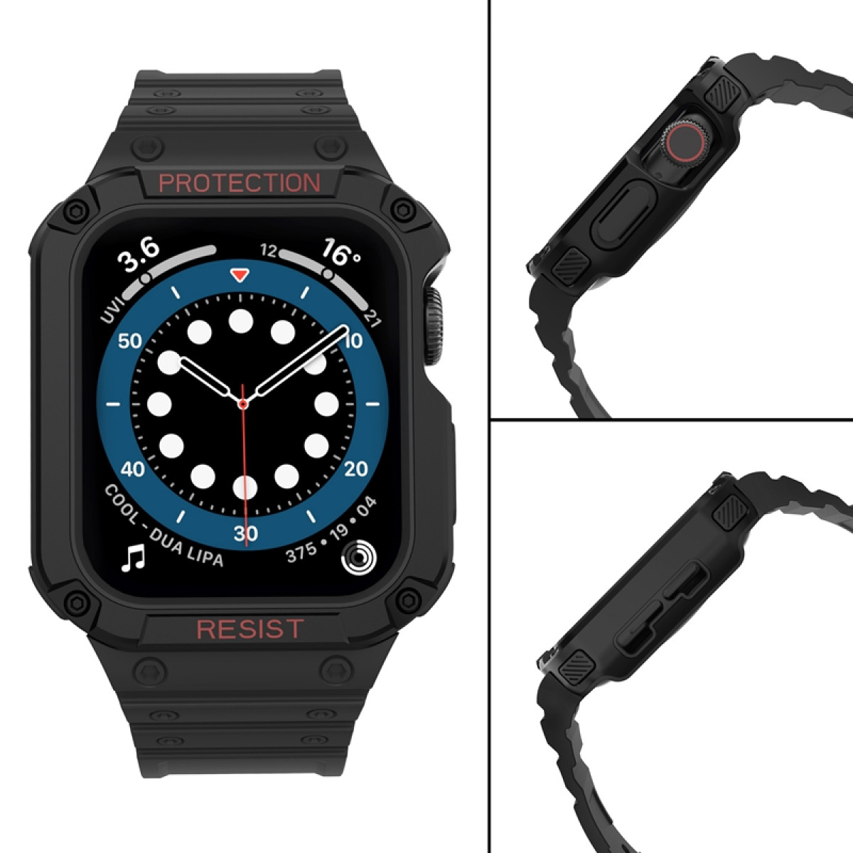 Schwarze Smartwatch mit schwarzem Armband. Mehrere Winkel zeigen das Zifferblatt und die Seitentasten.