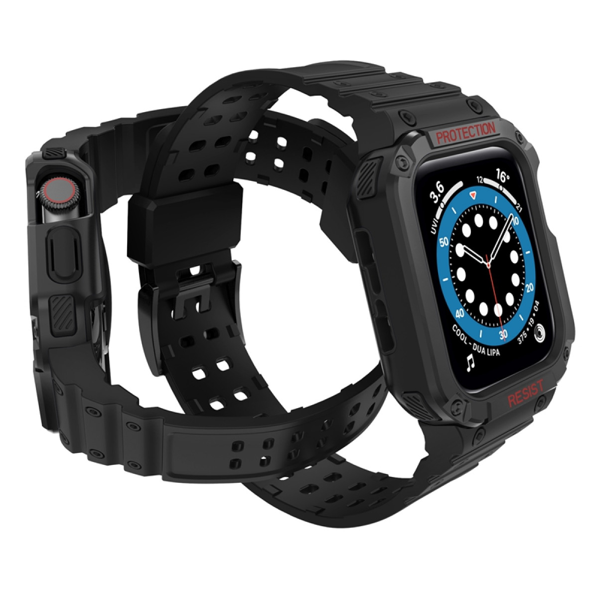 Schwarzes Uhrenarmband mit Uhr. Die Uhr hat einen digitalen Bildschirm. Text auf der Uhr.