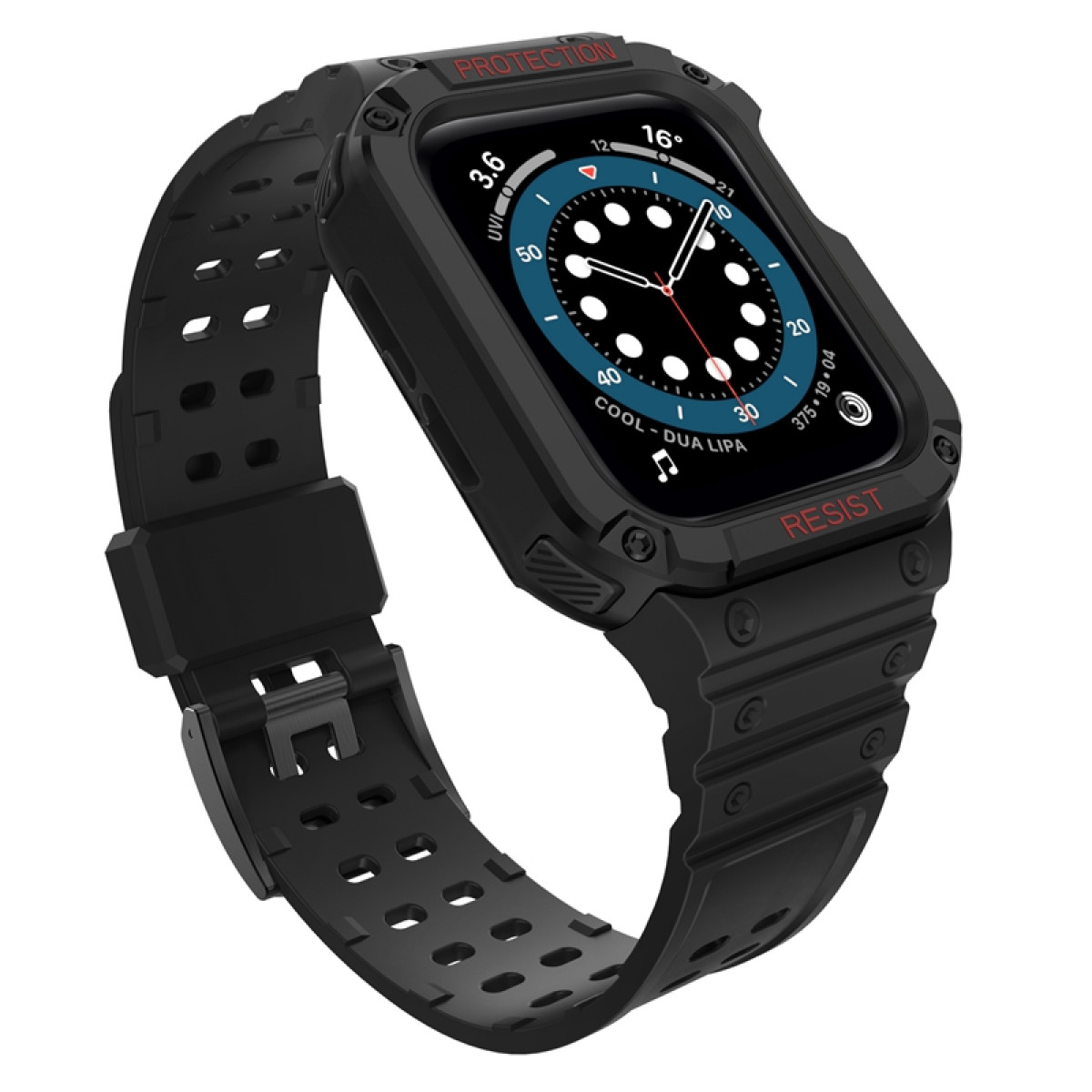 Schwarze Smartwatch mit schwarzem Schutzgehäuse und Armband, die die Zeit anzeigt. Die Uhr liegt auf einer weißen Oberfläche.
