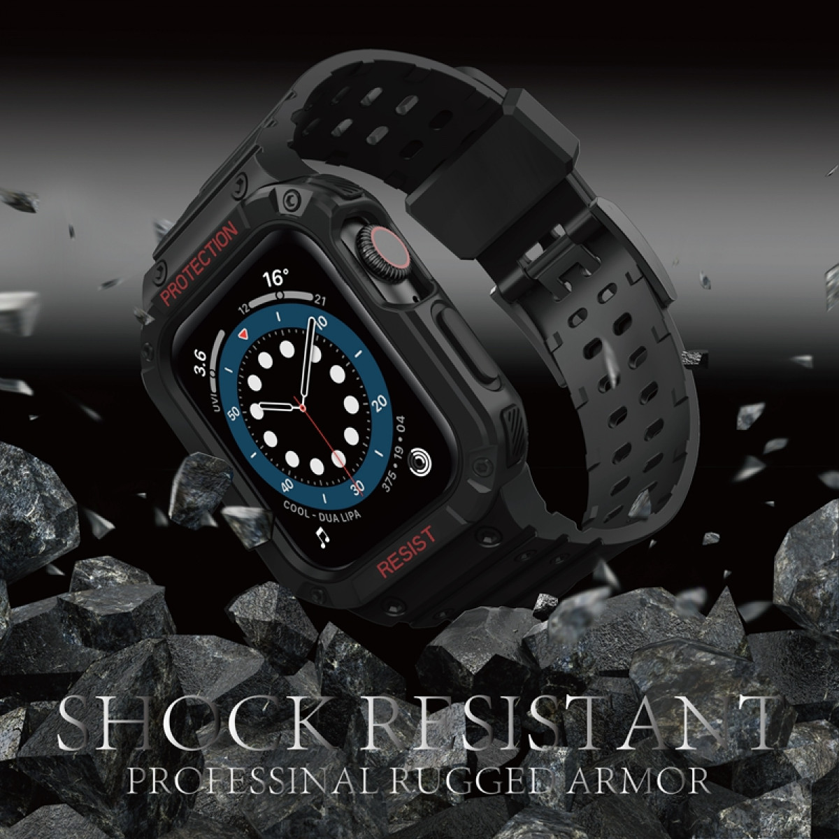 Eine schwarze Smartwatch in einem robusten Gehäuse mit dem Text "Shock Resistant" und "Professional Rugged Armor".