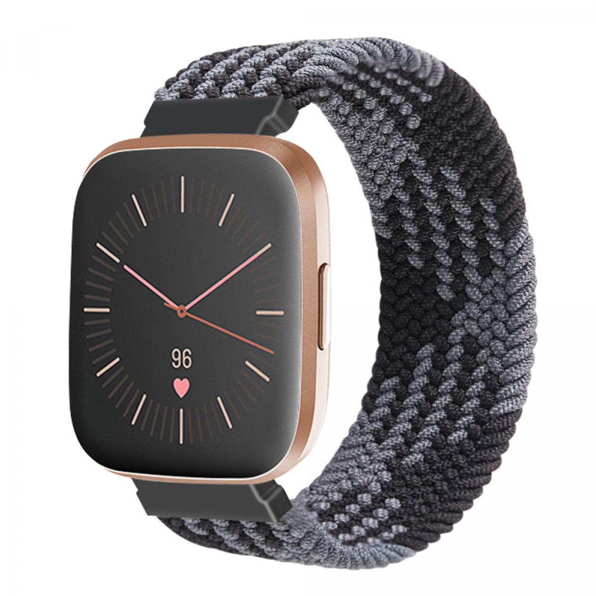 Eine Smartwatch mit schwarzem Bildschirm und einem grau-schwarzen geflochtenen Armband.