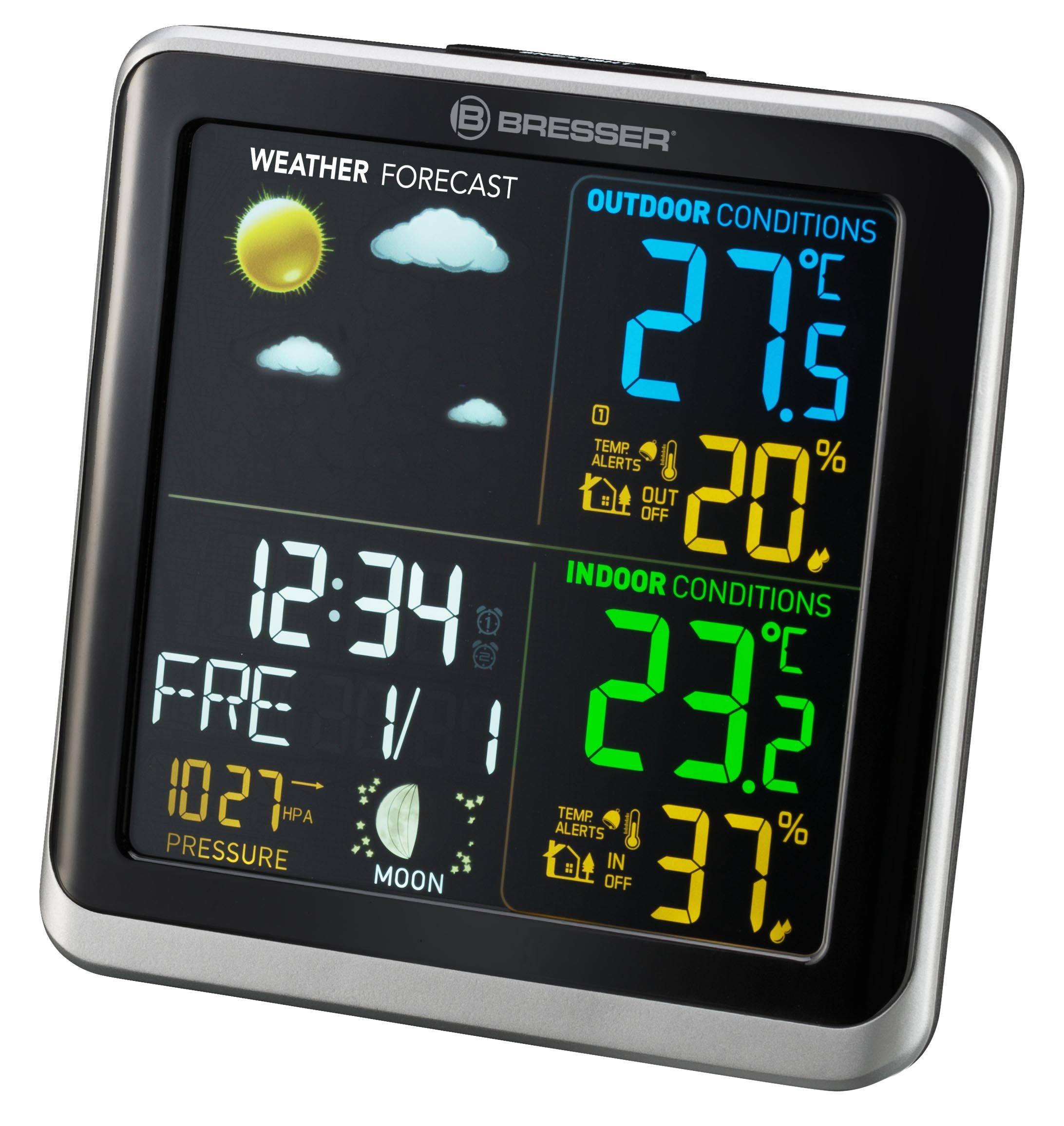 Eine digitale Wetterstation, die Wettervorhersage, Temperatur und Uhrzeit anzeigt.