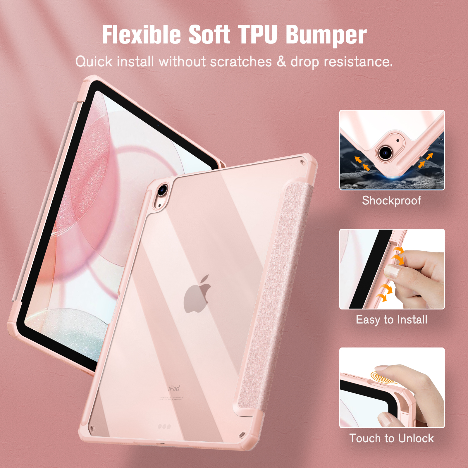 Rosa iPad-Hülle mit durchsichtigem Rücken und rosafarbenem Stoßfänger, mit Funktionssymbolen.