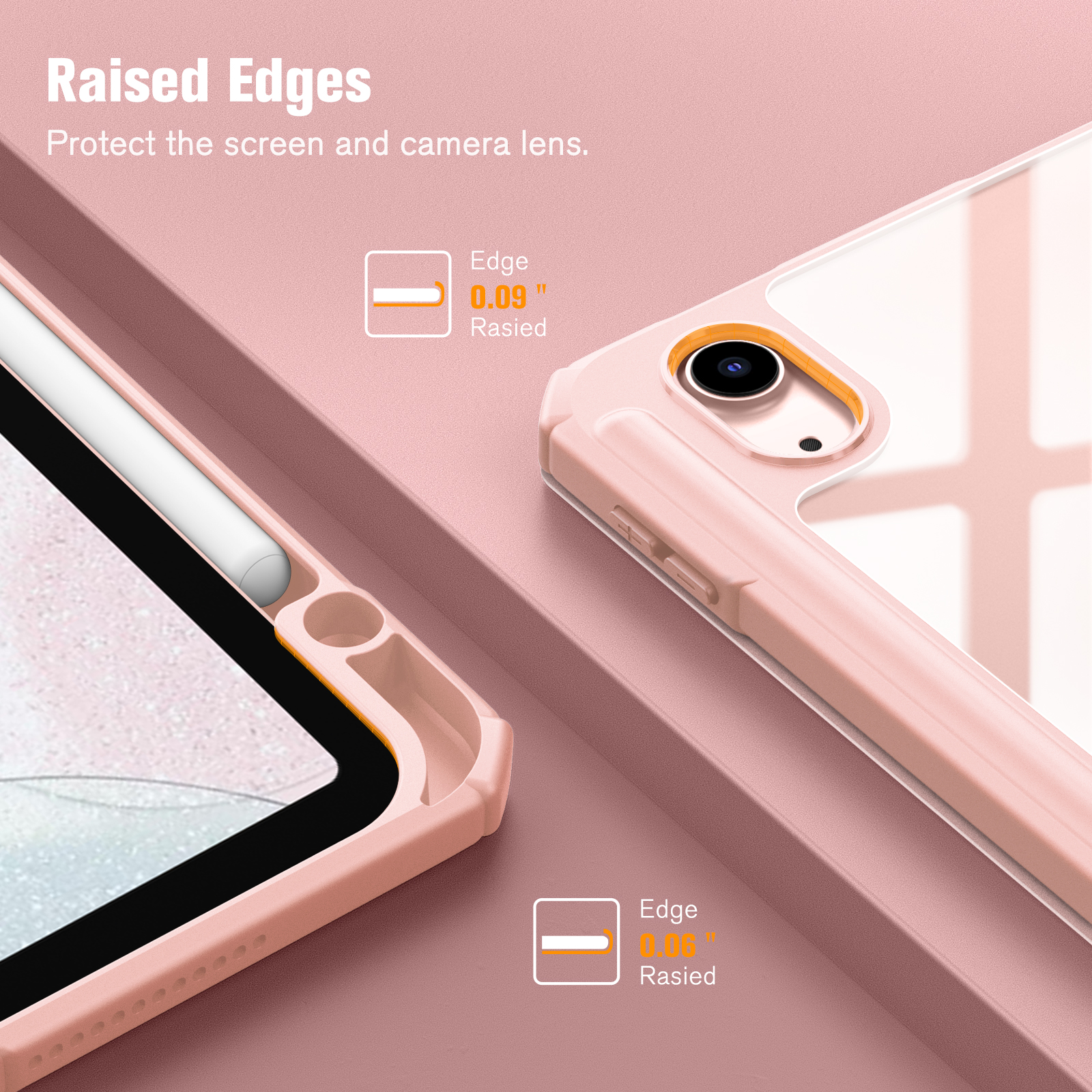 Eine rosa Tablethülle mit transparentem Rücken. Erhöhte Kanten zum Schutz des Bildschirms und der Kamera.