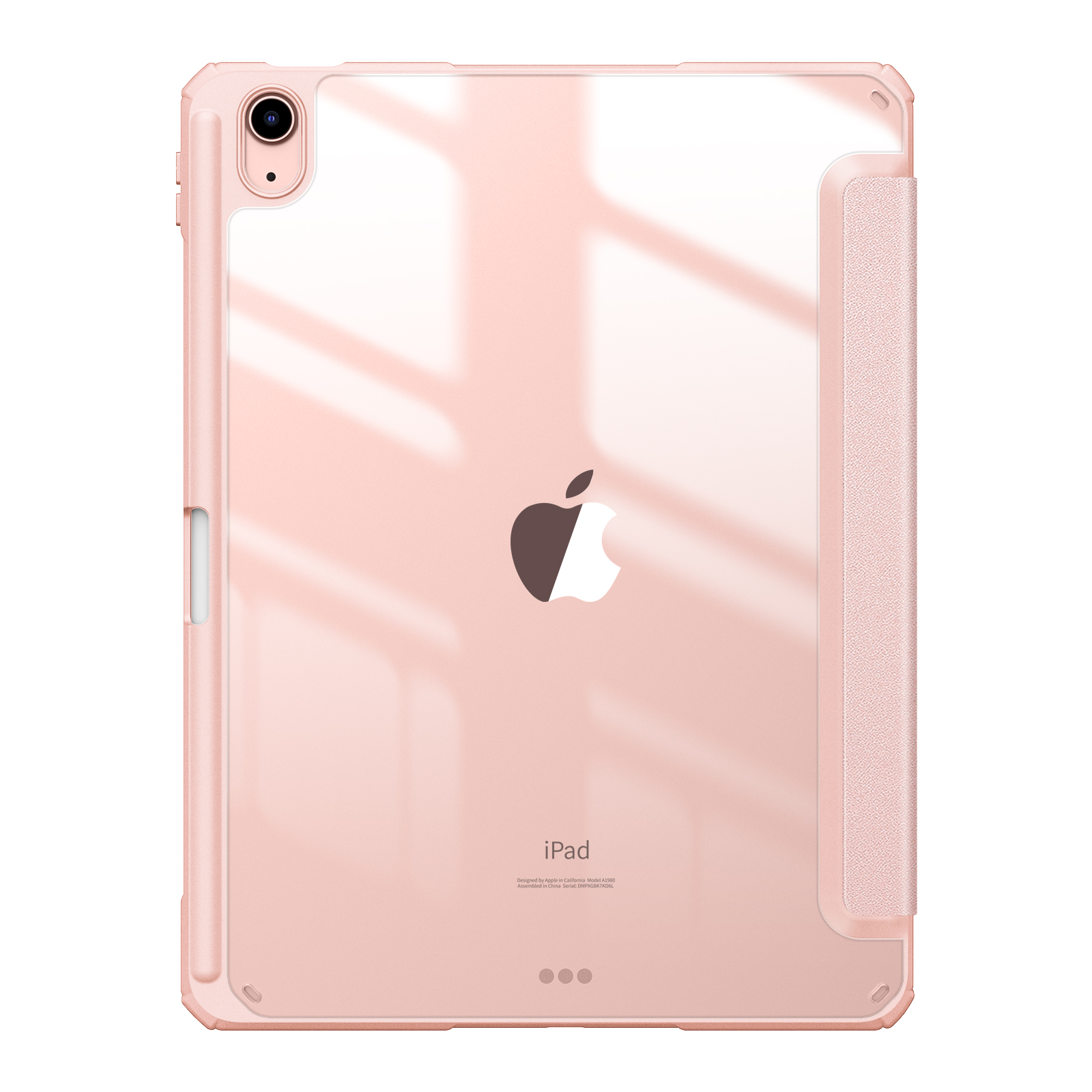 Rosa iPad in einer klaren Hülle, Rückseite mit Apple-Logo.