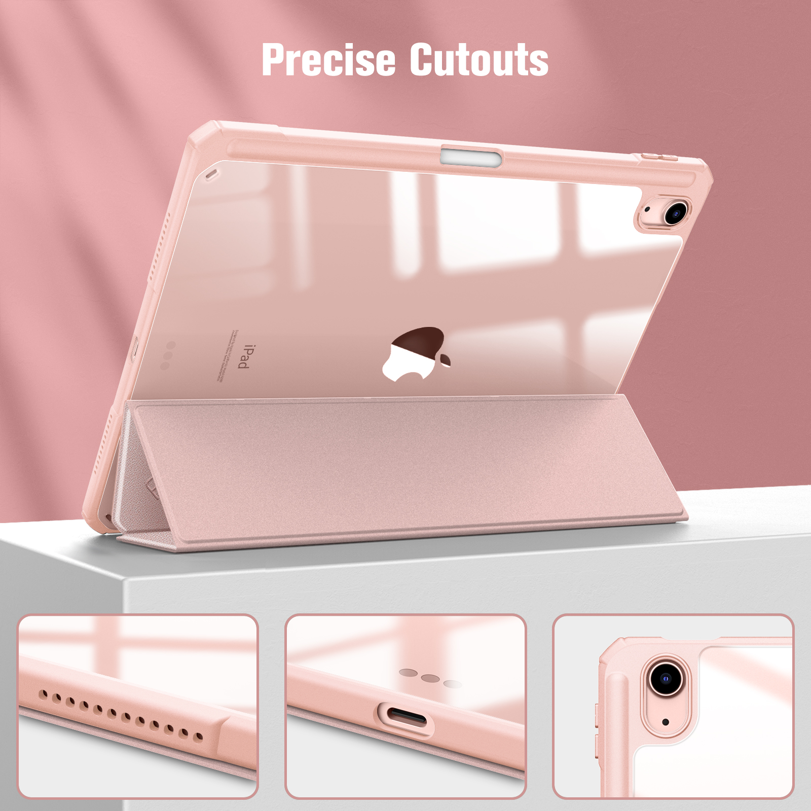 Eine rosa Tablet-Hülle, die präzise Aussparungen und Details zeigt, mit teilweise sichtbarem Tablet.