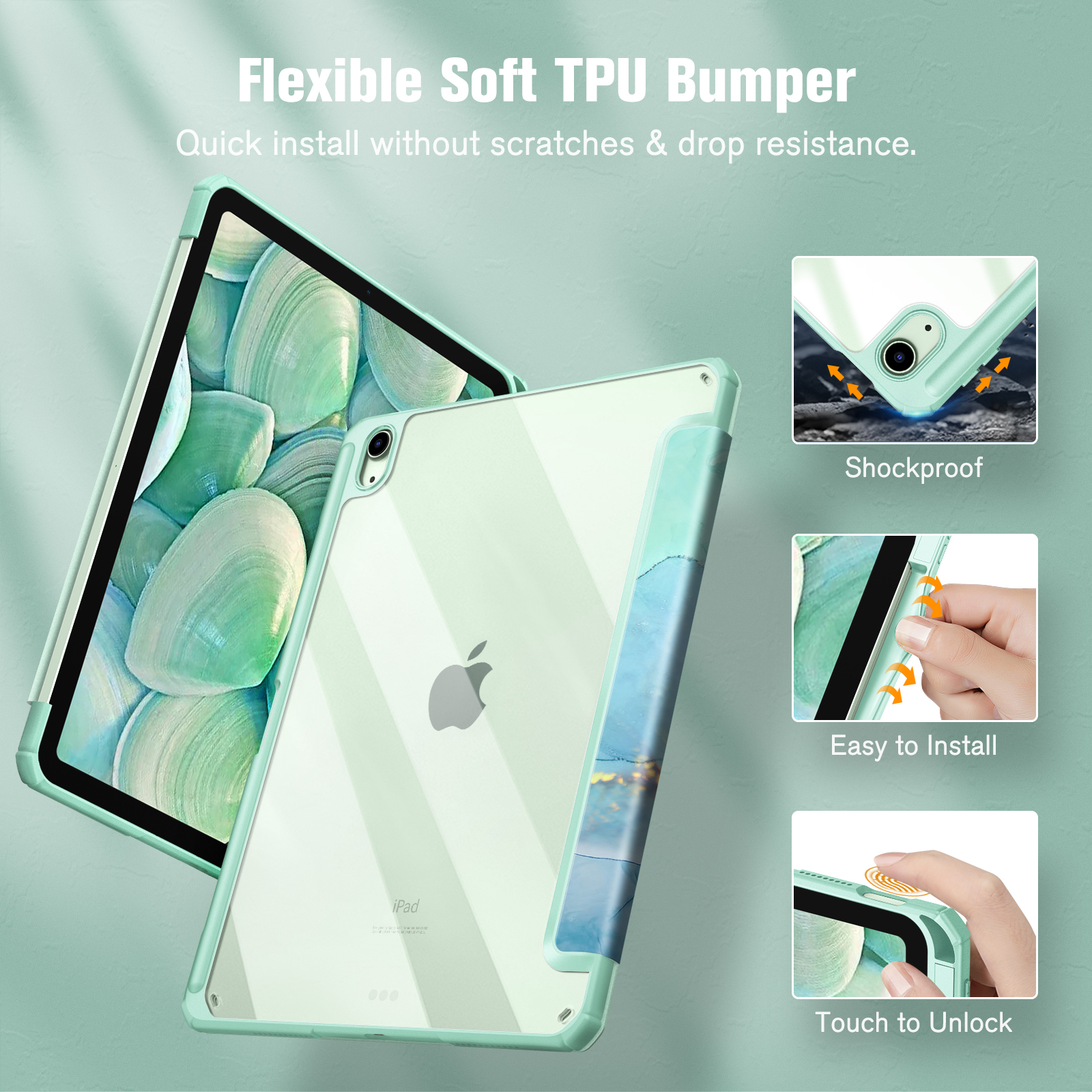 iPad mit grüner Hülle. Die Hülle hat eine transparente Rückseite und einen Schutzrahmen. Einfache Montage.