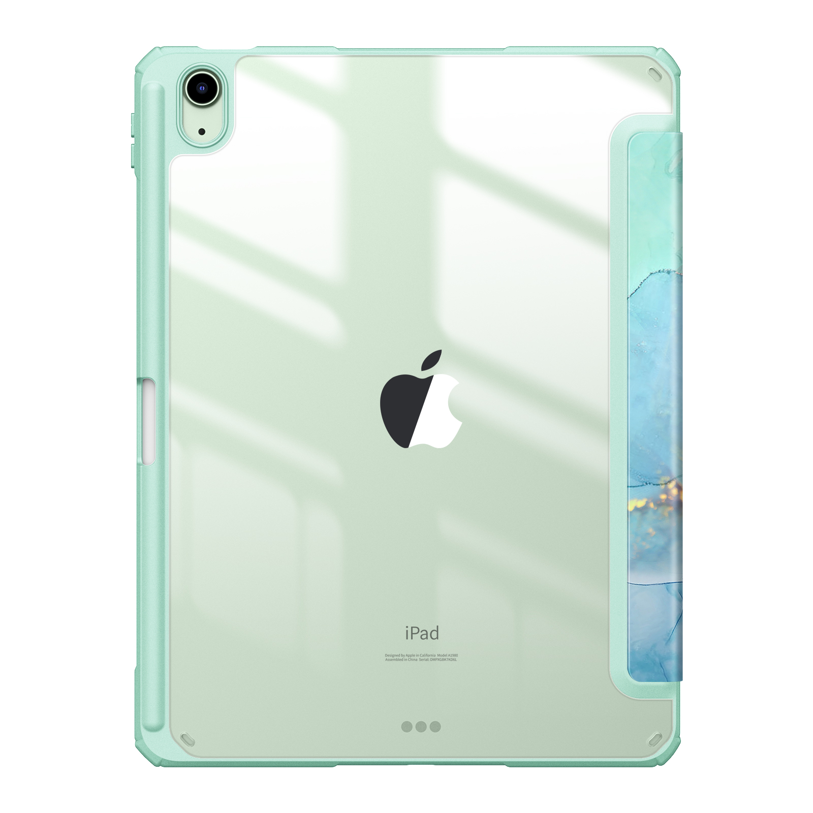 Ein iPad mit grünem Gehäuse. Die Rückseite zeigt das Apple-Logo. Das Gehäuse hat eine transparente Rückseite und ein Blumendesign.
