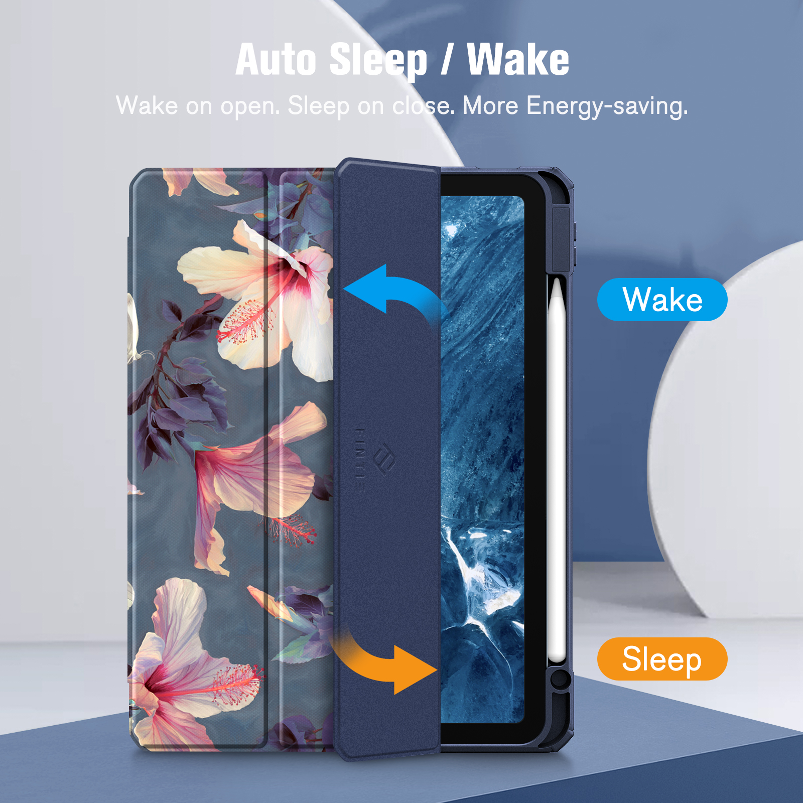 Geöffnete Tablet-Hülle mit Blumendruck, zeigt 'Wake' und 'Sleep'.